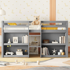 HAOYYE Twin Size Kid Low Loft Bed With Two-Tier Shelves And LED Light For Grey Color Sturdy Space-Saving Heavy Duty Modern Design Adults Dorm Room Easy Assembly Bedroom Furniture