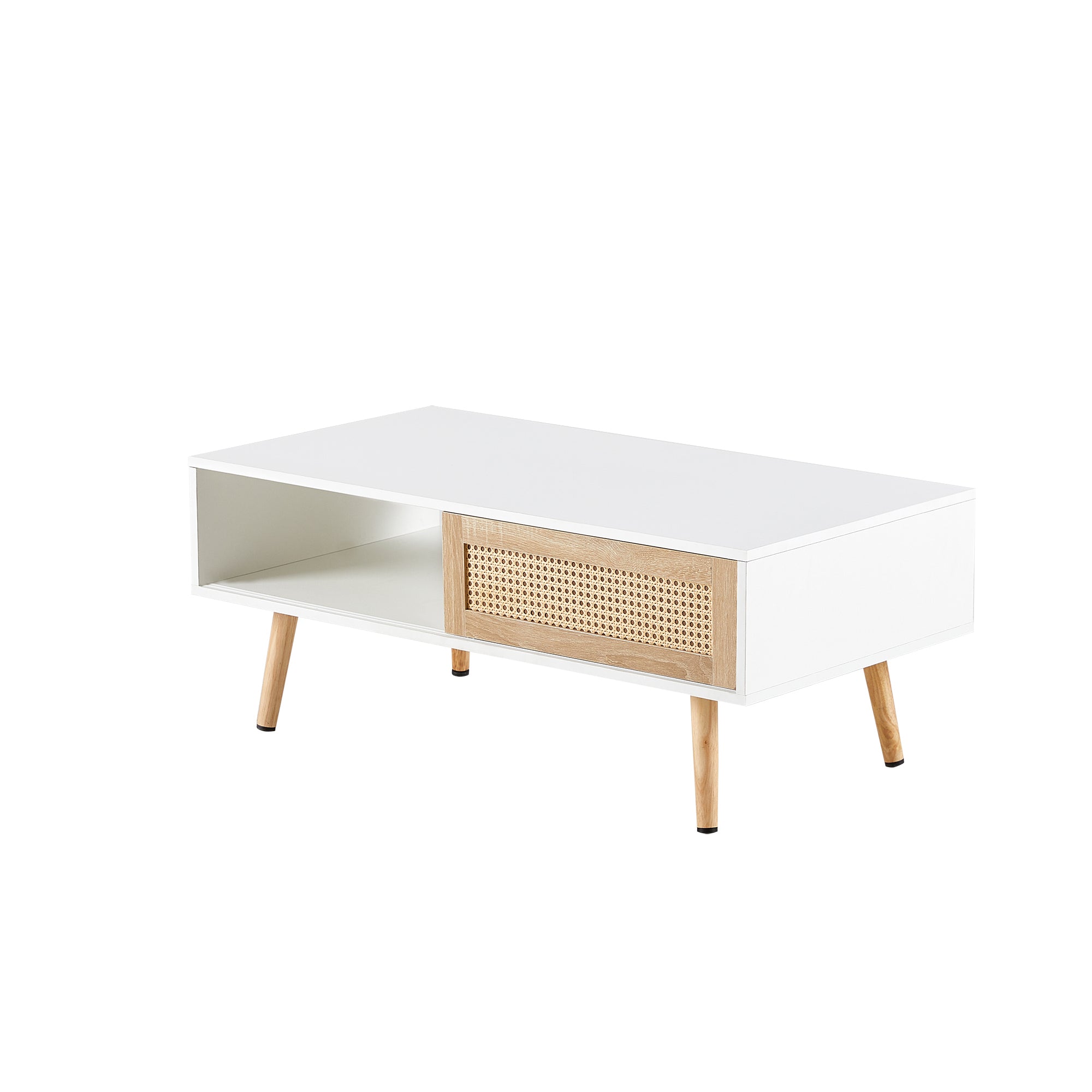 HAOYYE 41.34" Rattan Coffee Table with Sliding Door Storage, Solid Wood Legs, Modern Design for Living Room, White, Sturdy Space-Saving Heavy Duty Construction, Easy Assembly, Ideal for Adults and Dorm Rooms