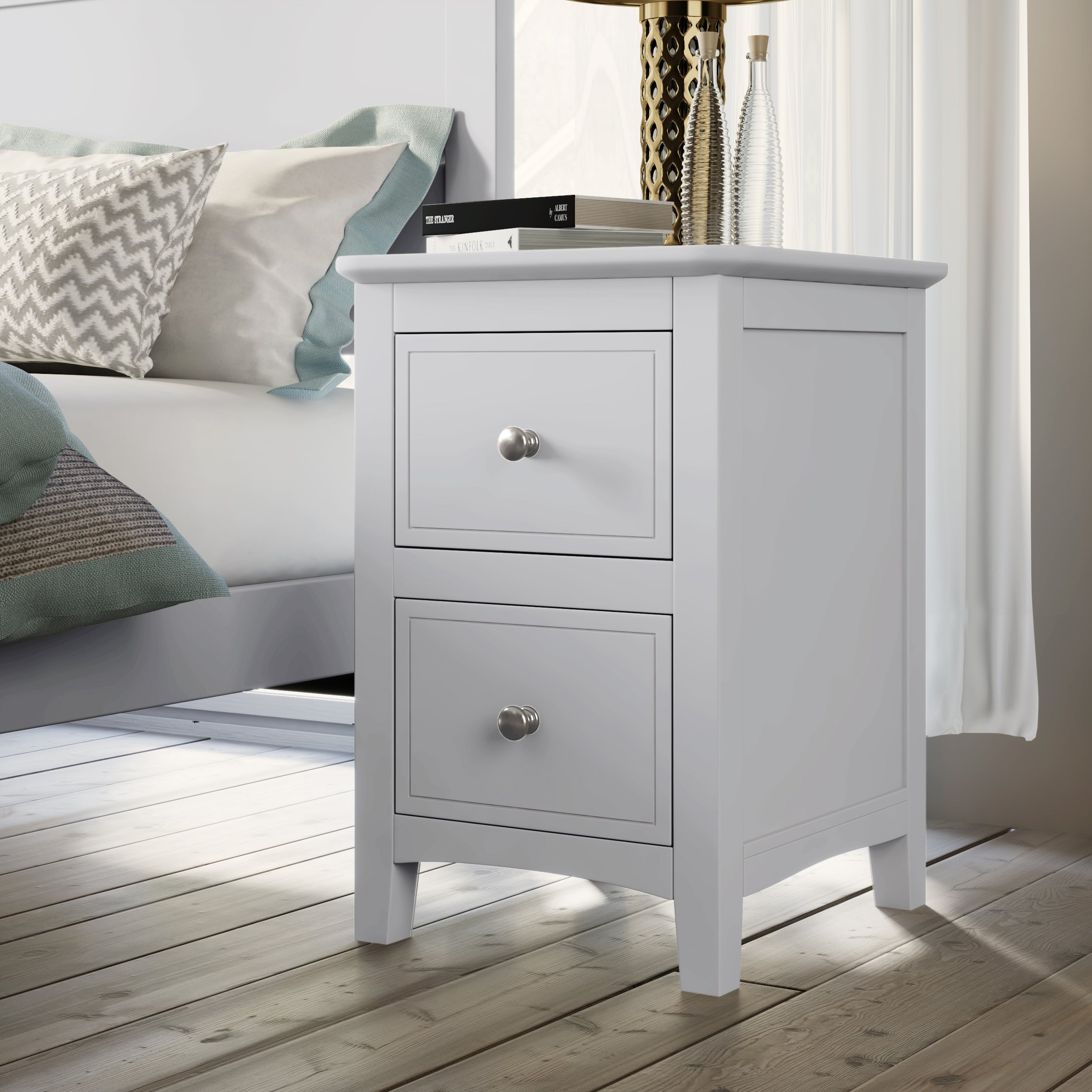 HAOYYE Solid Wood Nightstand with 2 Drawers, White Modern End Table, Sturdy Space-Saving Heavy Duty Design, Ideal for Bedroom or Dorm Room, Easy Assembly