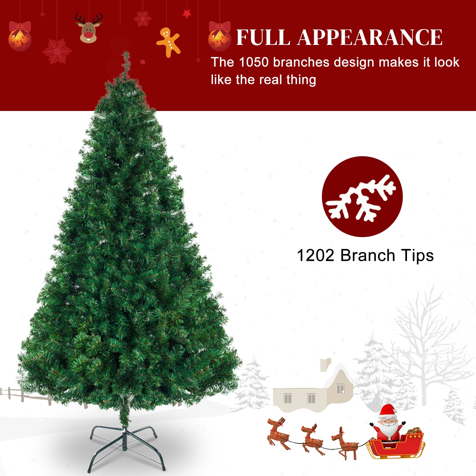 HAOYYE Green 6ft Artificial Christmas Tree with 1050 Branches, Realistic PVC Needles, Sturdy Metal Base with 3 Screws for Stability, Easy Assembly Holiday Decoration for Home, Office, and Event Celebrations