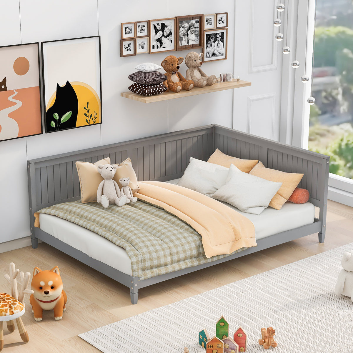 HAOYYE Full Size Wood Daybed/Sofa Bed, Gray Sturdy Space-Saving Heavy Duty Modern Design Adults Dorm Room Easy Assembly Bedroom Furniture