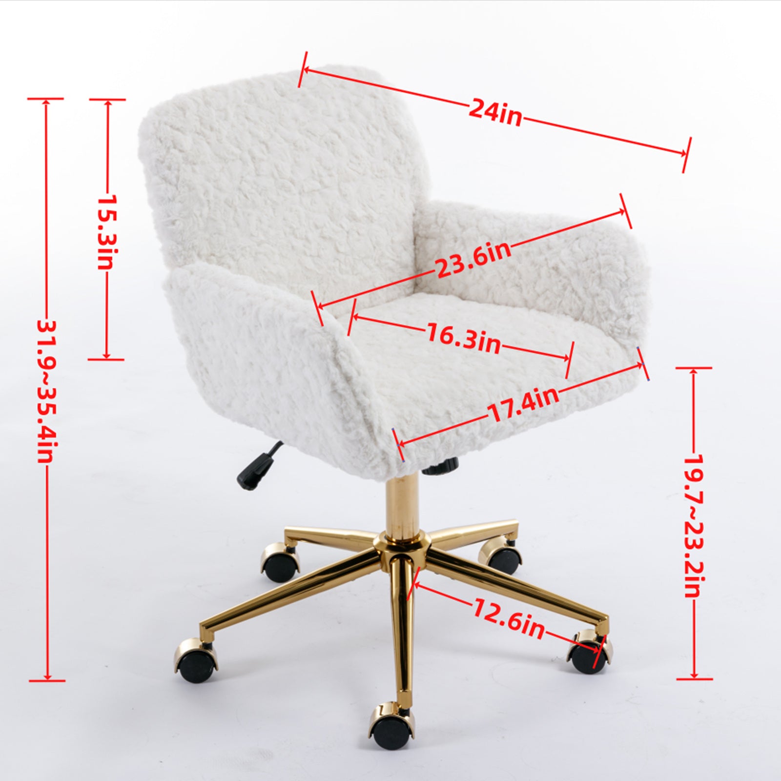 HAOYYE Artificial Rabbit Hair Home Office Chair With Golden Metal Base, Adjustable Swivel Desk Chair, Modern Beige Vanity Chair, Sturdy Space-Saving Heavy Duty Design
