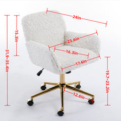HAOYYE Artificial Rabbit Hair Home Office Chair With Golden Metal Base, Adjustable Swivel Desk Chair, Modern Beige Vanity Chair, Sturdy Space-Saving Heavy Duty Design