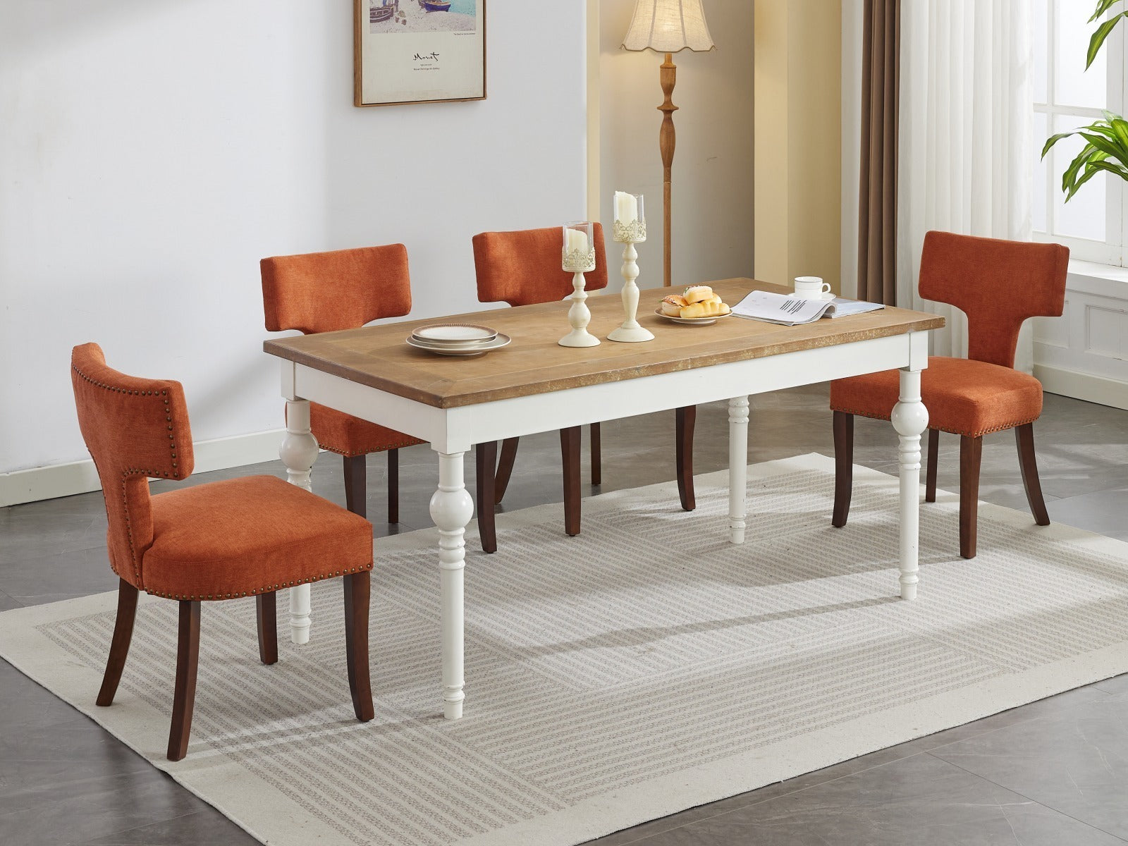 HAOYYE Mid Century Modern Dining Chairs Set of 2, Farmhouse Linen Fabric Upholstered Accent Chair Curved Backrest with Copper Nails around,Kitchen Chairs with Hardwood Frame, Orange Sturdy Space-Saving