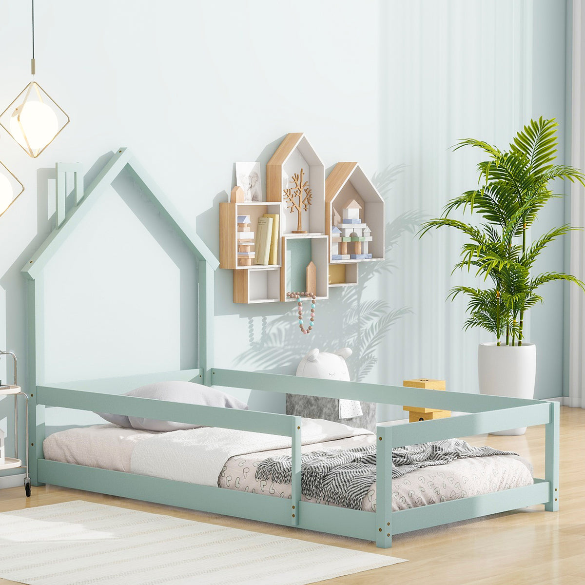 HAOYYE Twin Size Wood Bed with House-Shaped Headboard, Floor Bed with Fences,Sturdy Space-Saving Heavy Duty Modern Design, Easy Assembly for Bedroom or Dorm Room