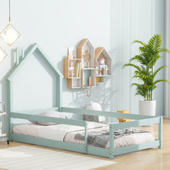 HAOYYE Twin Size Wood Bed with House-Shaped Headboard, Floor Bed with Fences,Sturdy Space-Saving Heavy Duty Modern Design, Easy Assembly for Bedroom or Dorm Room