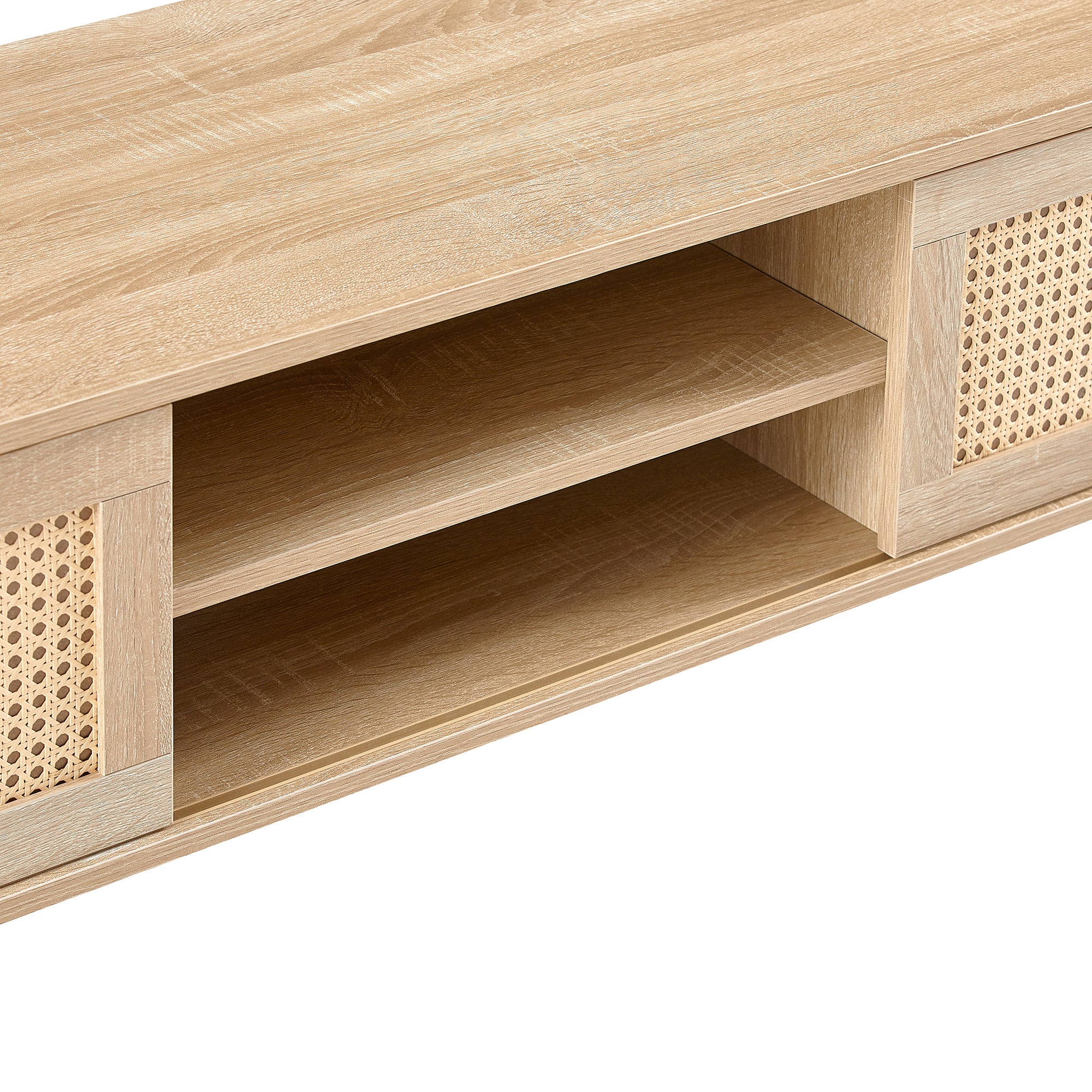 HAOYYE 55.12" Rattan TV cabinet, double sliding doors for storage, adjustable shelf, solid wood legs, TV console for living room ,natural Sturdy Space-Saving Heavy Duty Modern Design Adults Dorm Room
