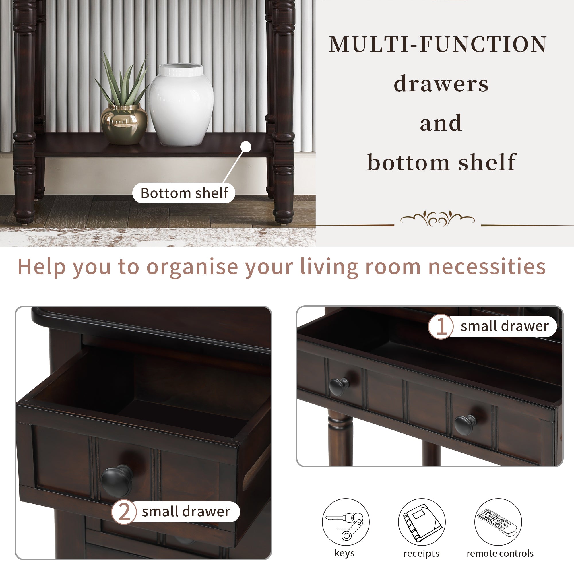 HAOYYE Narrow Console Table, Slim Sofa Table with Three Storage Drawers and Bottom Shelf for Living Room, Espresso, Sturdy Space-Saving Design, Heavy Duty Construction, Easy Assembly, Durable and Stylish Home Furniture, Versatile for Hallway or Entryway