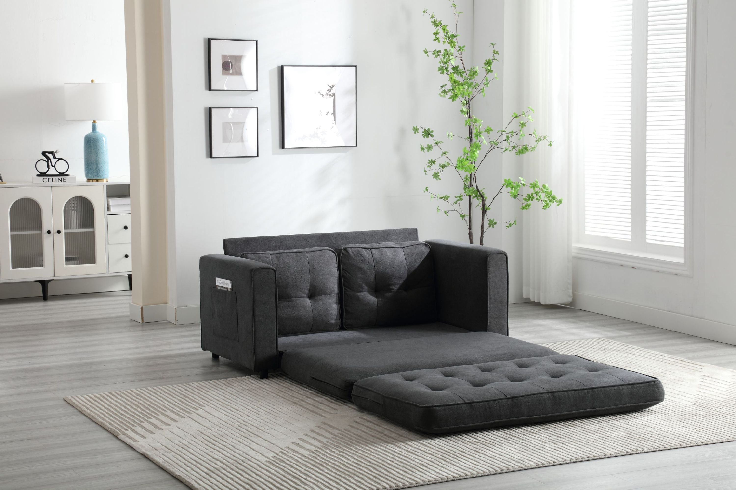 HAOYYE 3-Fold Convertible Futon Couch, Pull Out Sofa Bed, Space-Saving Loveseat Sleeper, Velvet Linen Fabric Upholstery, Heavy Duty Durable Sofa for Living Room, Modern Compact Design, Dark Gray, Light Gray, Beige