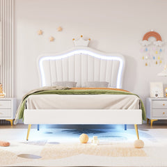 HAOYYE Twin Size Upholstered Bed Frame with LED Lights, Modern Upholstered Princess Bed With Crown Headboard,White Sturdy Space-Saving Heavy Duty Modern Design Adults Dorm Room Easy Assembly