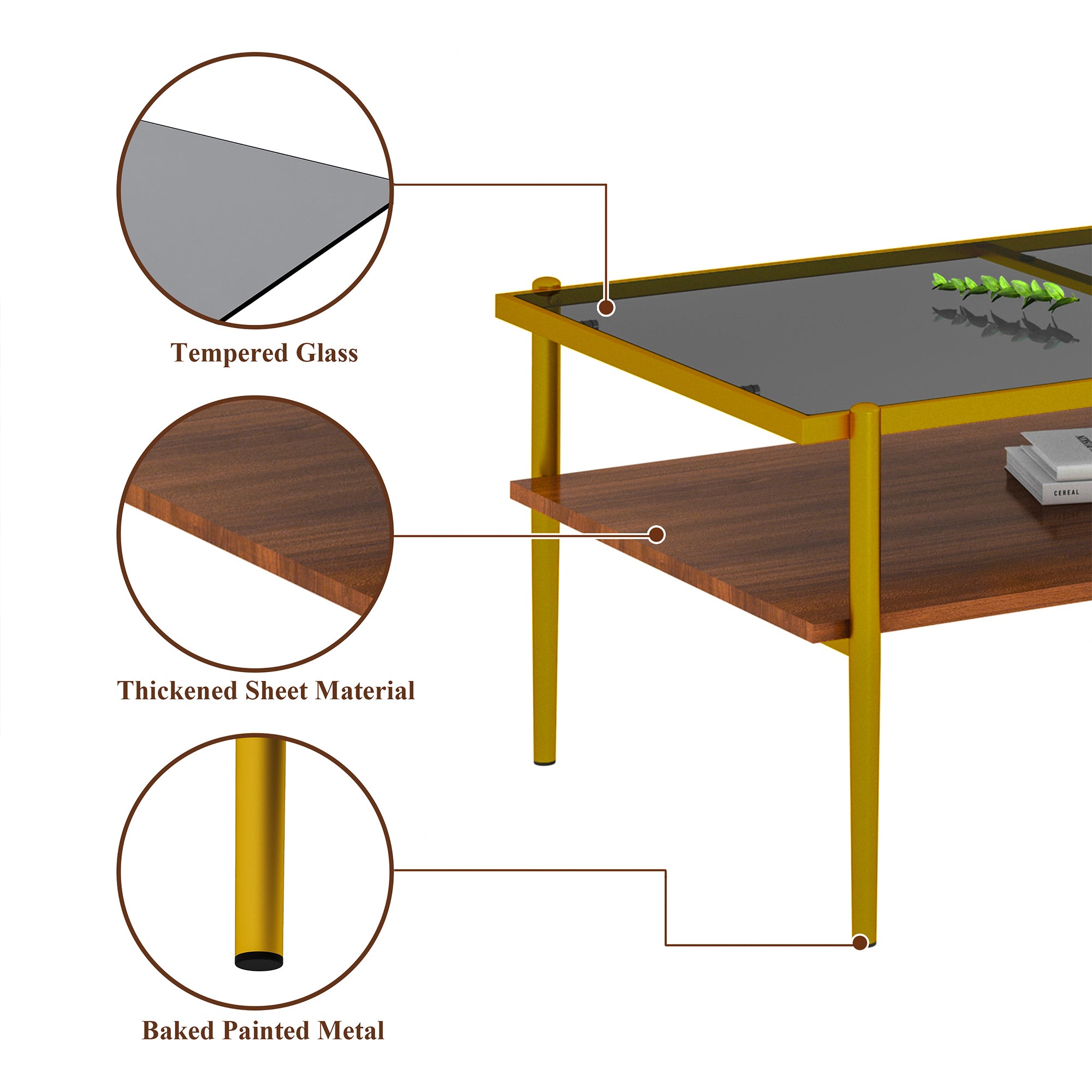HAOYYE Rectangle Coffee Table with Gray Tempered Glass top and Golden Legs, Modern Table for Living Room Sturdy Space-Saving Heavy Duty Modern Design Adults Dorm Room Easy Assembly Bedroom Furniture