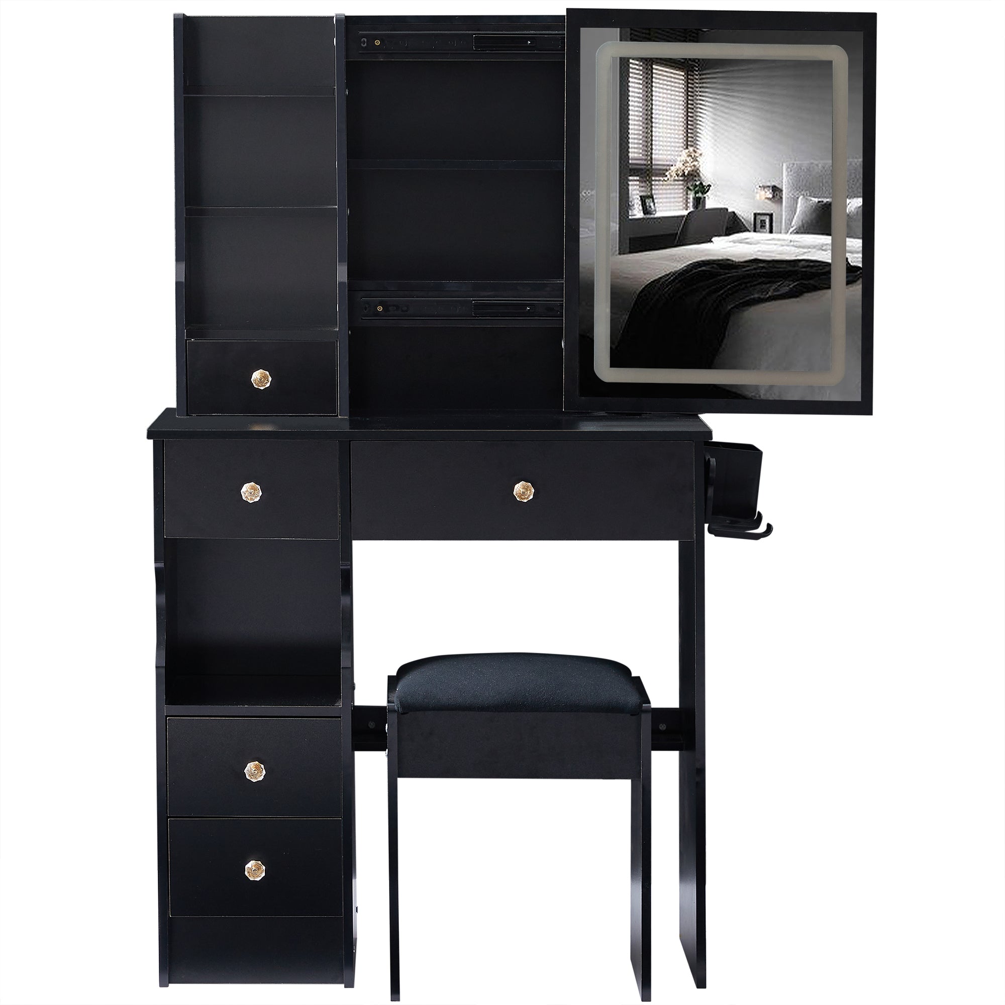 HAOYYE Small Size Left Drawer Desktop Vanity Table + Cushioned Stool, 2 AC+2 USB Power Station, Hair dryer bracket, Extra Large Touch Control Sliding LED Mirror, Tri-color Switching, EPA,GCC,UL Certificate