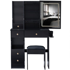 HAOYYE Small Size Left Drawer Desktop Vanity Table + Cushioned Stool, 2 AC+2 USB Power Station, Hair dryer bracket, Extra Large Touch Control Sliding LED Mirror, Tri-color Switching, EPA,GCC,UL Certificate