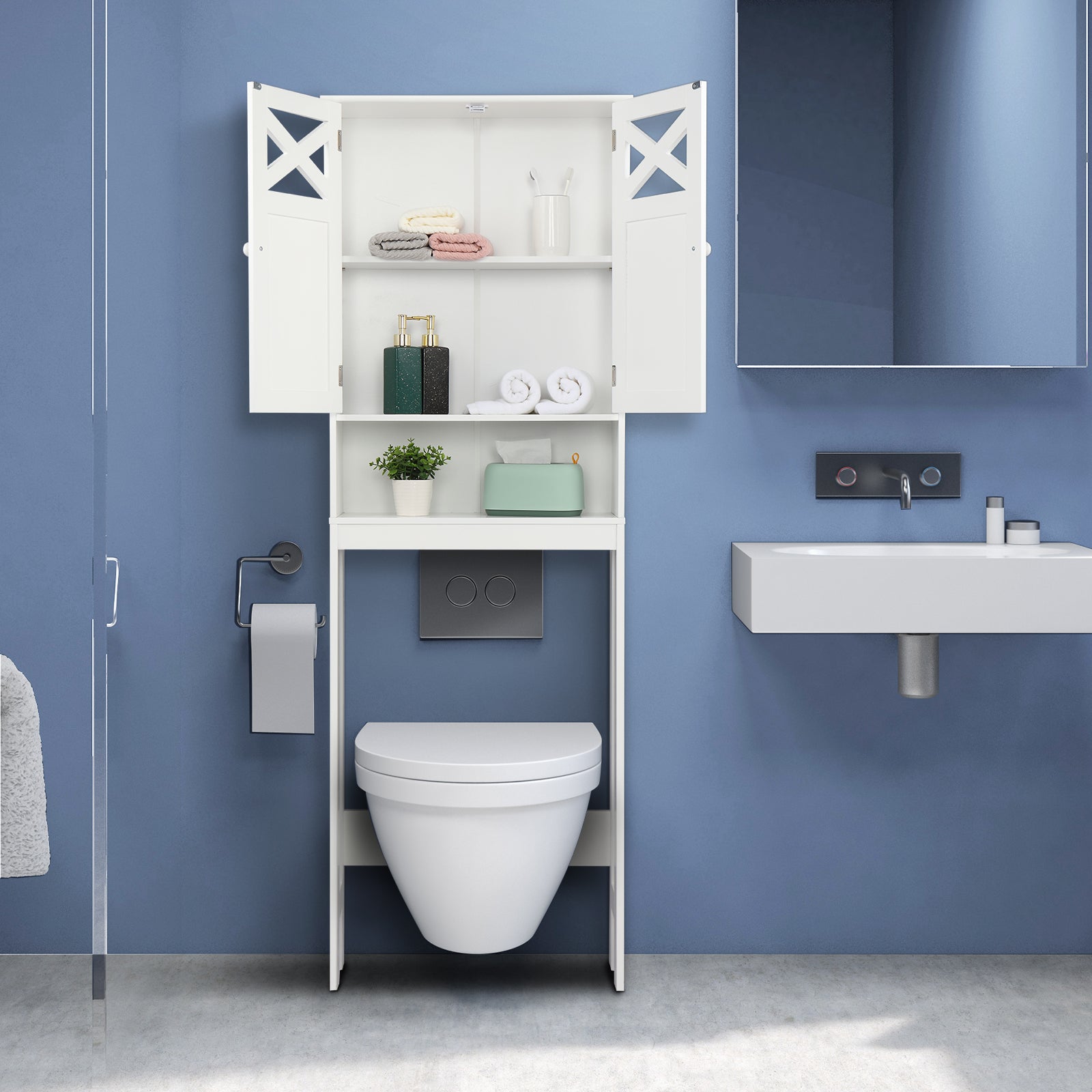 HAOYYE Double Door Fork Toilet Cabinet White, Bathroom Storage Organizer with Spacious Shelves and Durable Construction, Stylish Space-Saving Design for Efficient Bathroom Organization and Easy Access