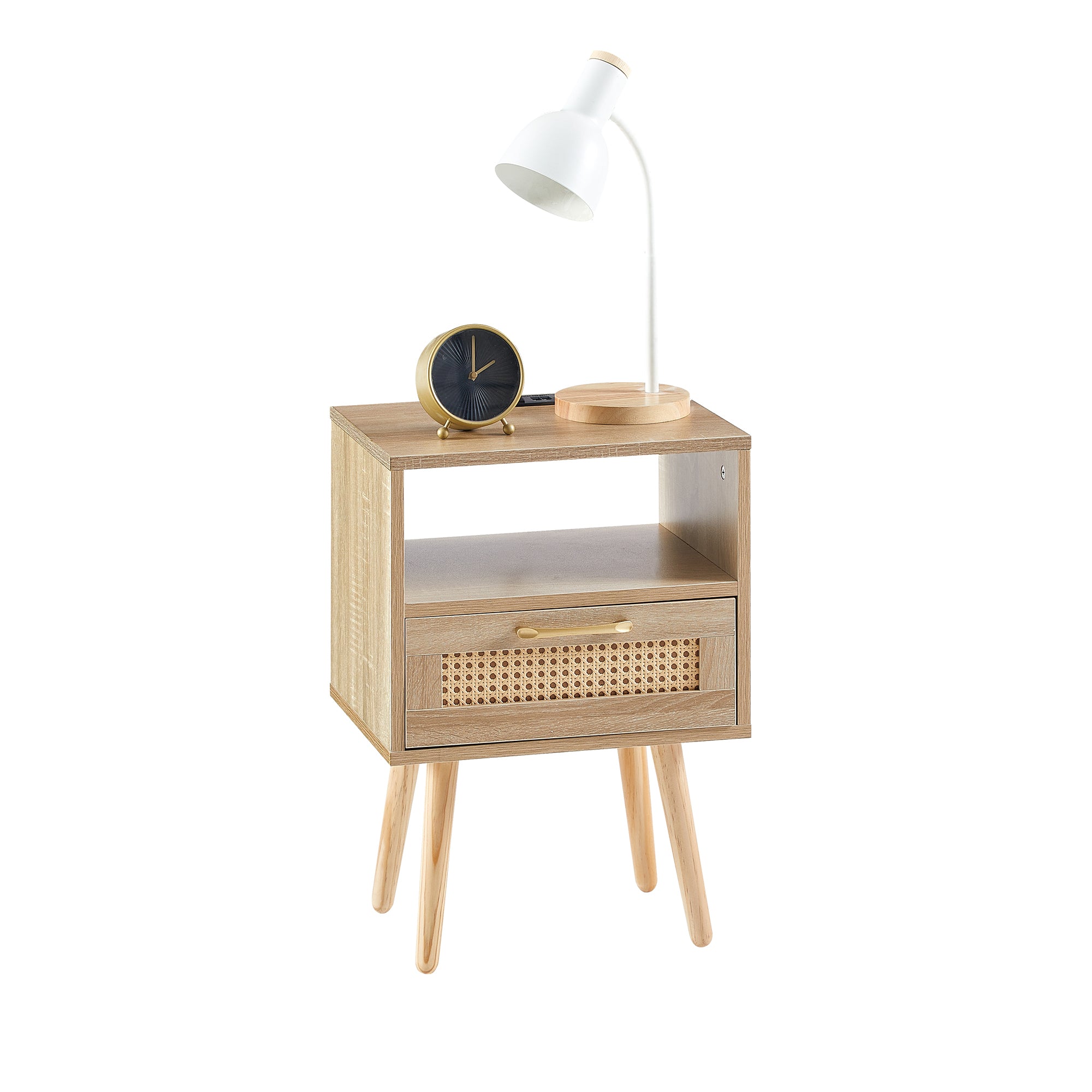 HAOYYE Rattan End Table with Power Outlet & USB Ports, Modern Nightstand with Drawer and Solid Wood Legs, Natural, Sturdy Space-Saving Design, Heavy Duty Construction, Stylish and Durable Home Furniture for Living Room or Bedroom