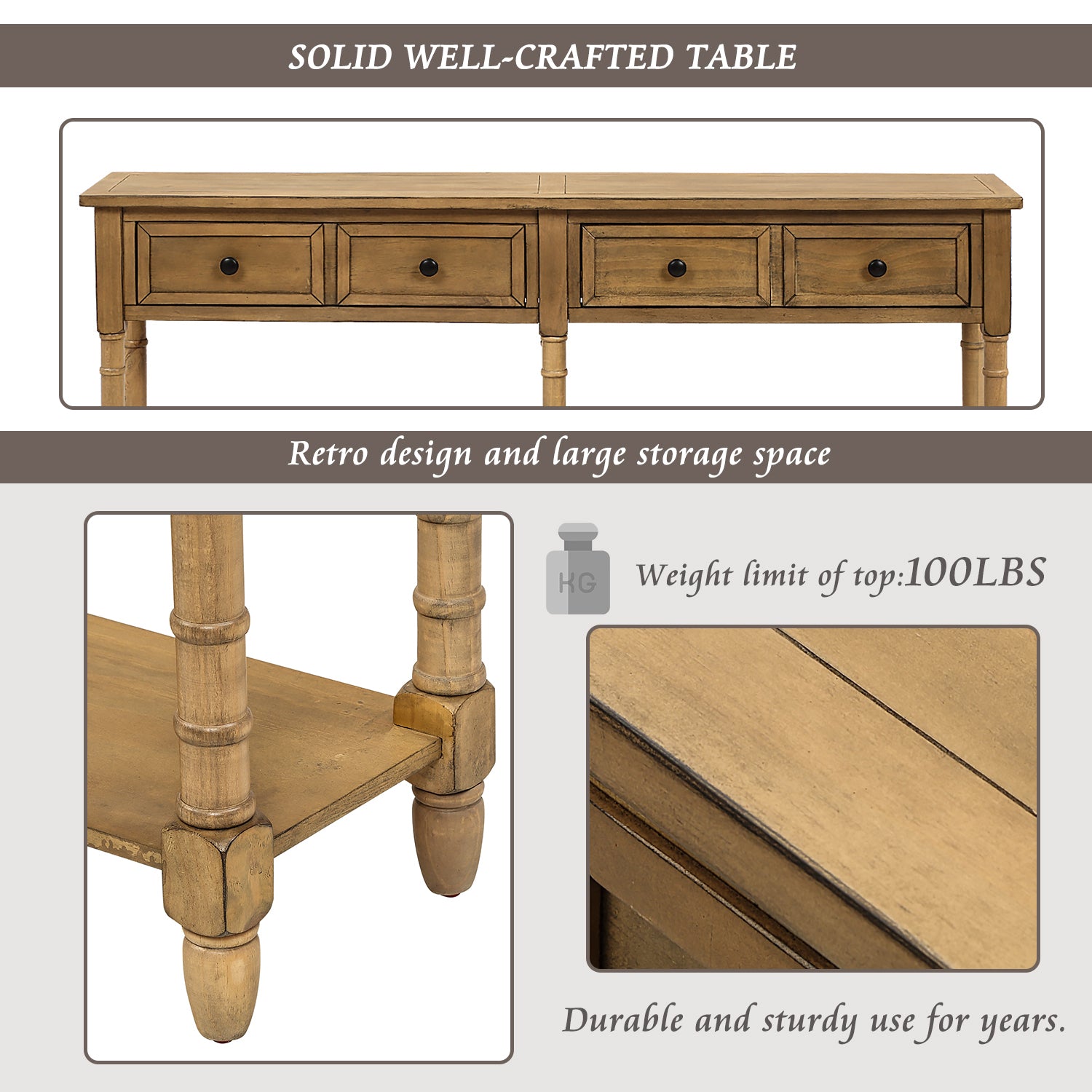 HAOYYE Console Table, Sofa Table with Two Storage Drawers and Bottom Shelf for Living Room or Entryway, Old Pine, Sturdy Space-Saving Design, Heavy Duty Construction, Easy Assembly, Durable and Stylish Home Furniture