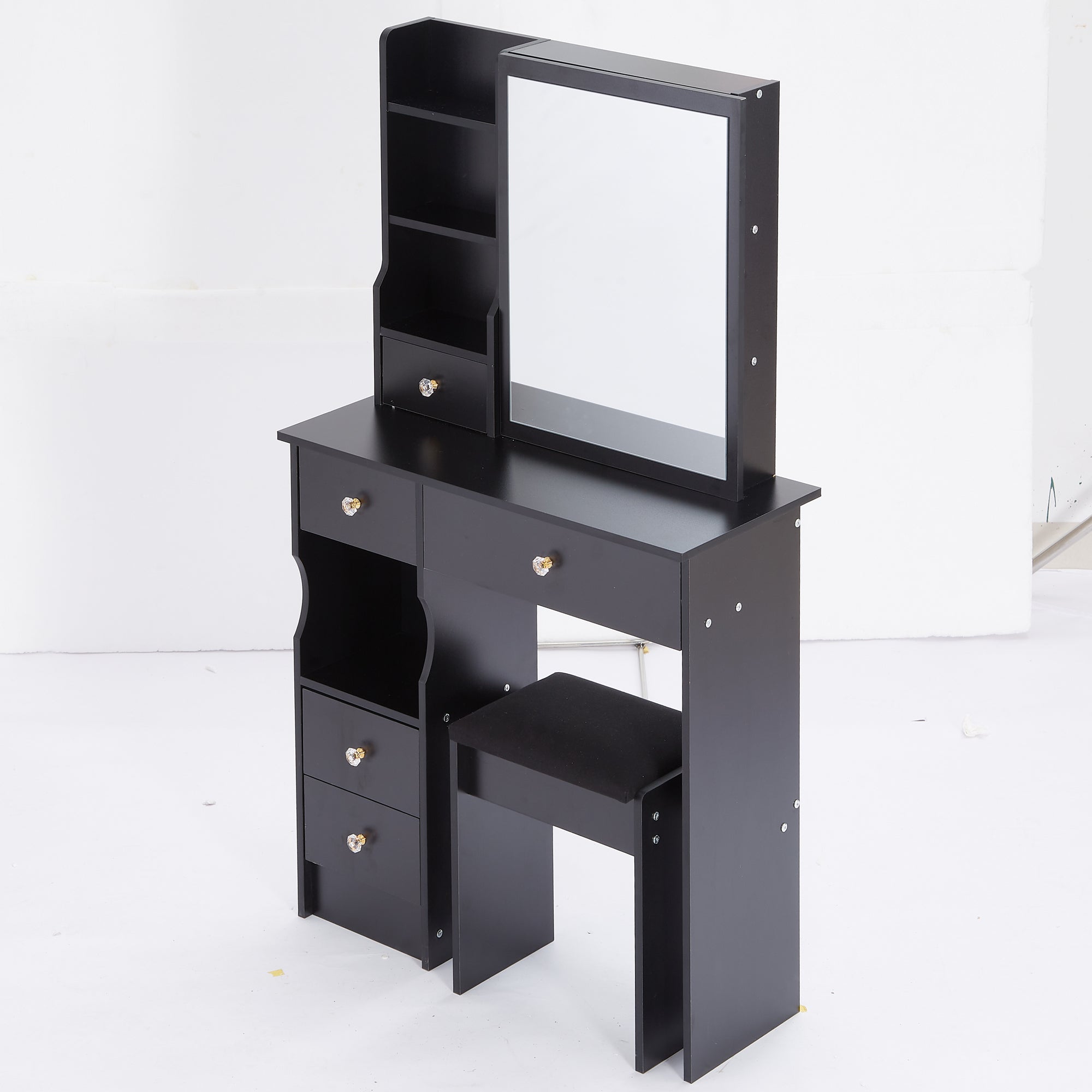 HAOYYE Small Size Left Drawer Desktop Vanity Table + Cushioned Stool, Extra Large Sliding Mirror, Multi Layer, High Capacity Storage Fashionable Dresser, Suitable for Small Space, EPA,GCC,UL Certificate