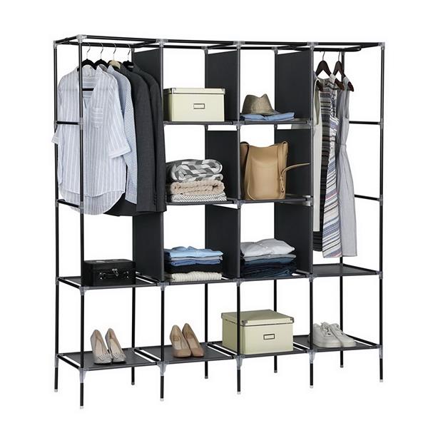DE Direct HAOYYE Portable Clothes Closet Wardrobe with 12 Storage Shelves and 4 Side Pockets for Bedroom Entryway Garage Fabric Clothes Organizer with Zippered Cover Dustproof Freestanding Clothes Storage Rack