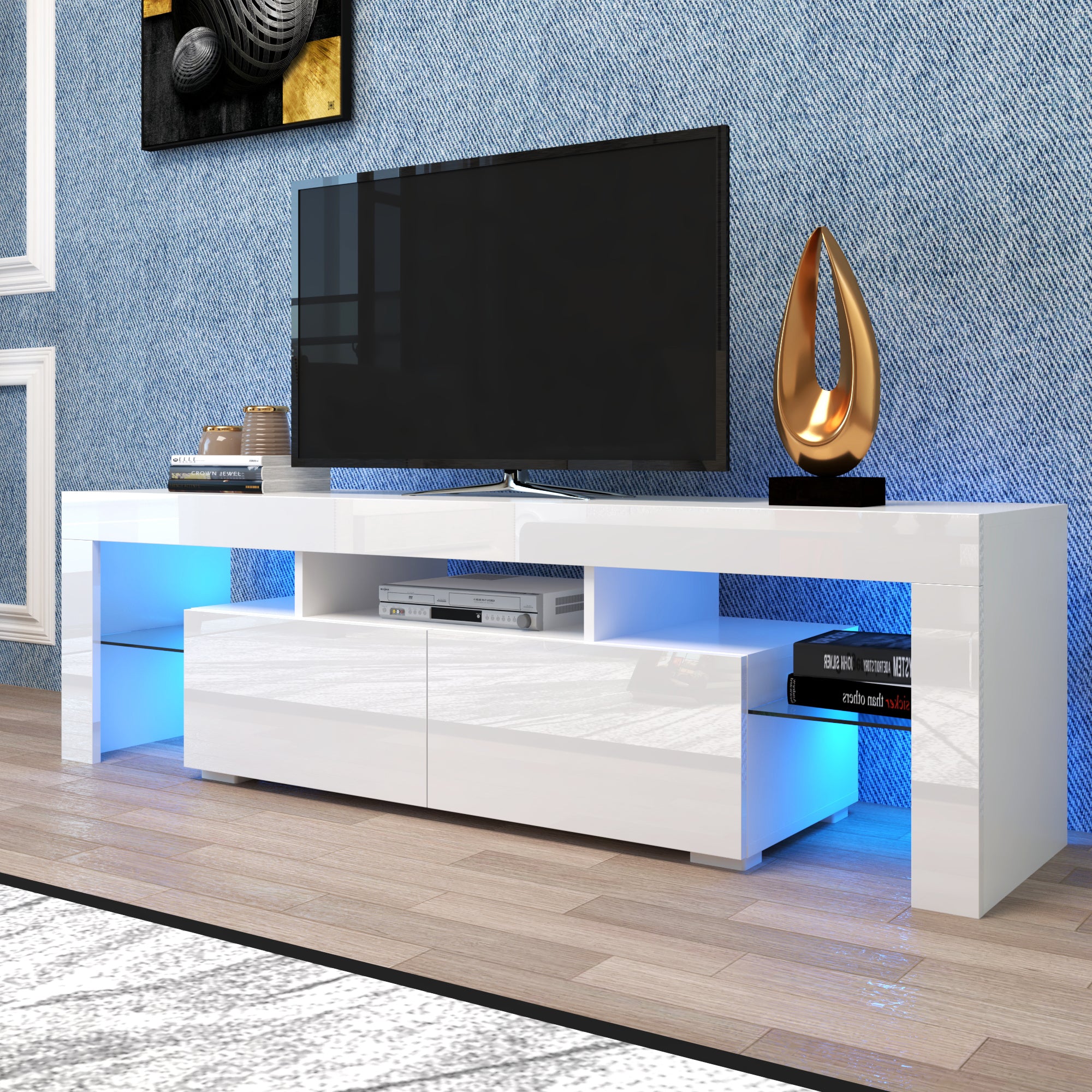HAOYYE Modern White TV Stand, 20 Colors LED TV Stand w/Remote Control Lights Sturdy Space-Saving Heavy Duty Modern Design Easy Assembly Durable Stylish Home Furniture Versatile