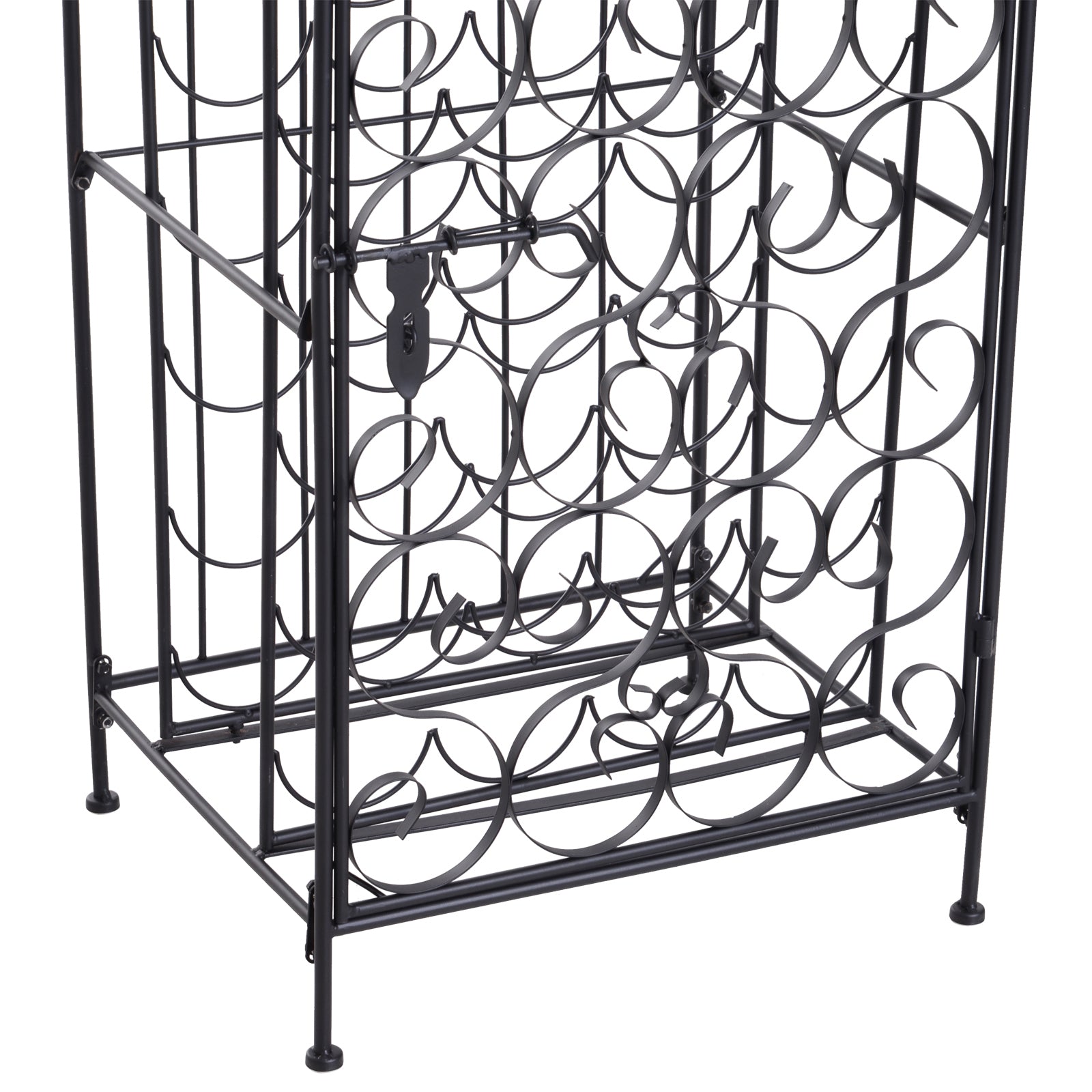 Haoyye Wrought Iron Wine Rack Cabinet with Lock, 35 Bottle Metal Wine Storage Holder with Vintage Scrollwork Design, Sturdy Freestanding Organizer for Kitchen, Dining Room, Home Bar, Space-Saving Modern Black Wine Shelf