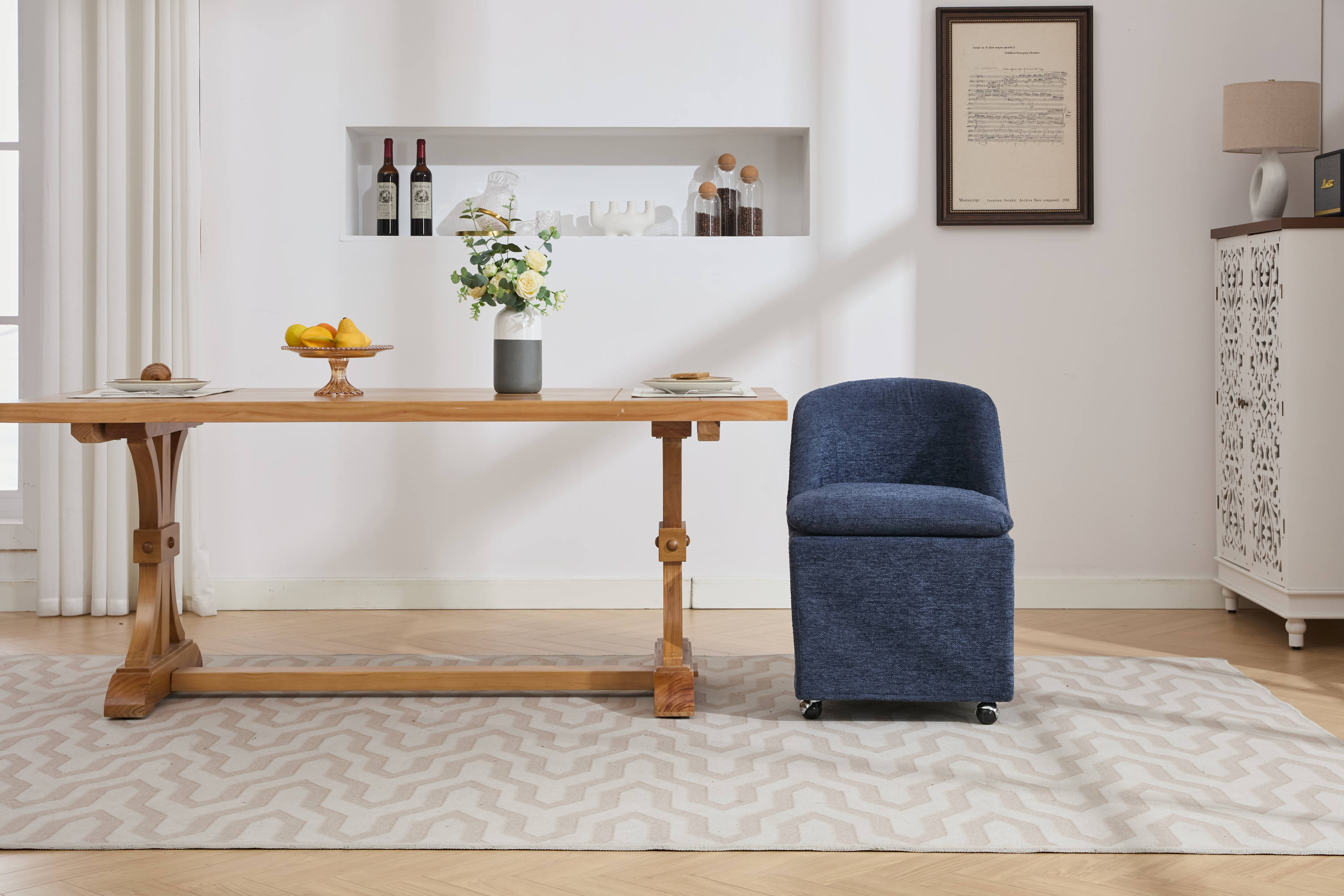HAOYYE 058-Set of 2 Chenille Fabric Dining Chairs With Universal Wheels,Blue Sturdy Space-Saving Heavy Duty Modern Design Adults Dorm Room Easy Assembly Bedroom Furniture