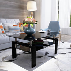 Haoyye Rectangle Black Glass Coffee Table, Clear Modern Coffee Table, Side Center Table for Living Room Furniture, Sturdy Heavy Duty Space-Saving Design, Adults Dorm Room, Easy Assembly