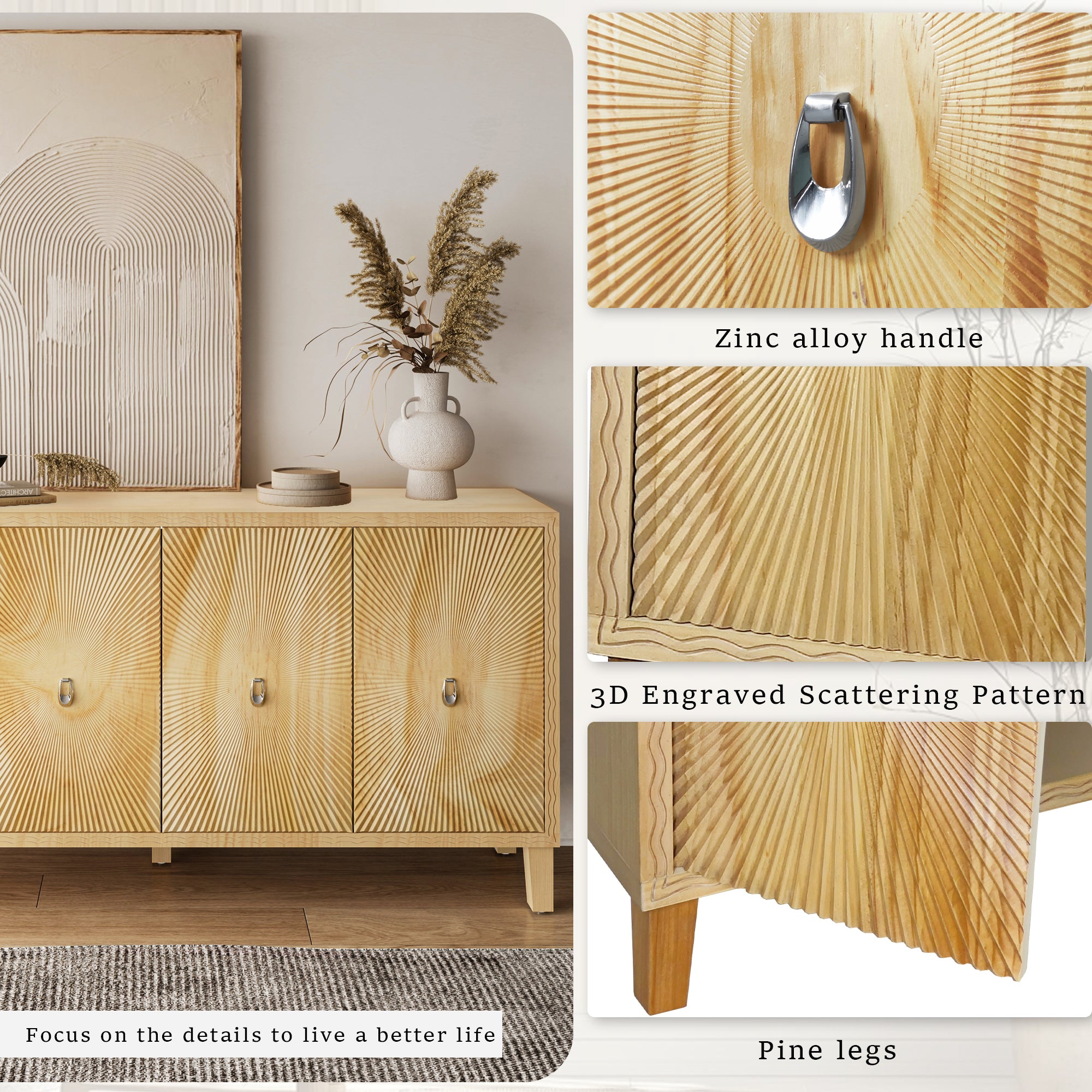 HAOYYE Vintage Storage Cabinet with Carved Scatter Pattern, 4 Door Dining Sideboard and Adjustable Shelves, Versatile Buffet and Accent Cabinet for Living Room, Kitchen, and Hallway, Sturdy and Space-Saving Design in Natural Finish