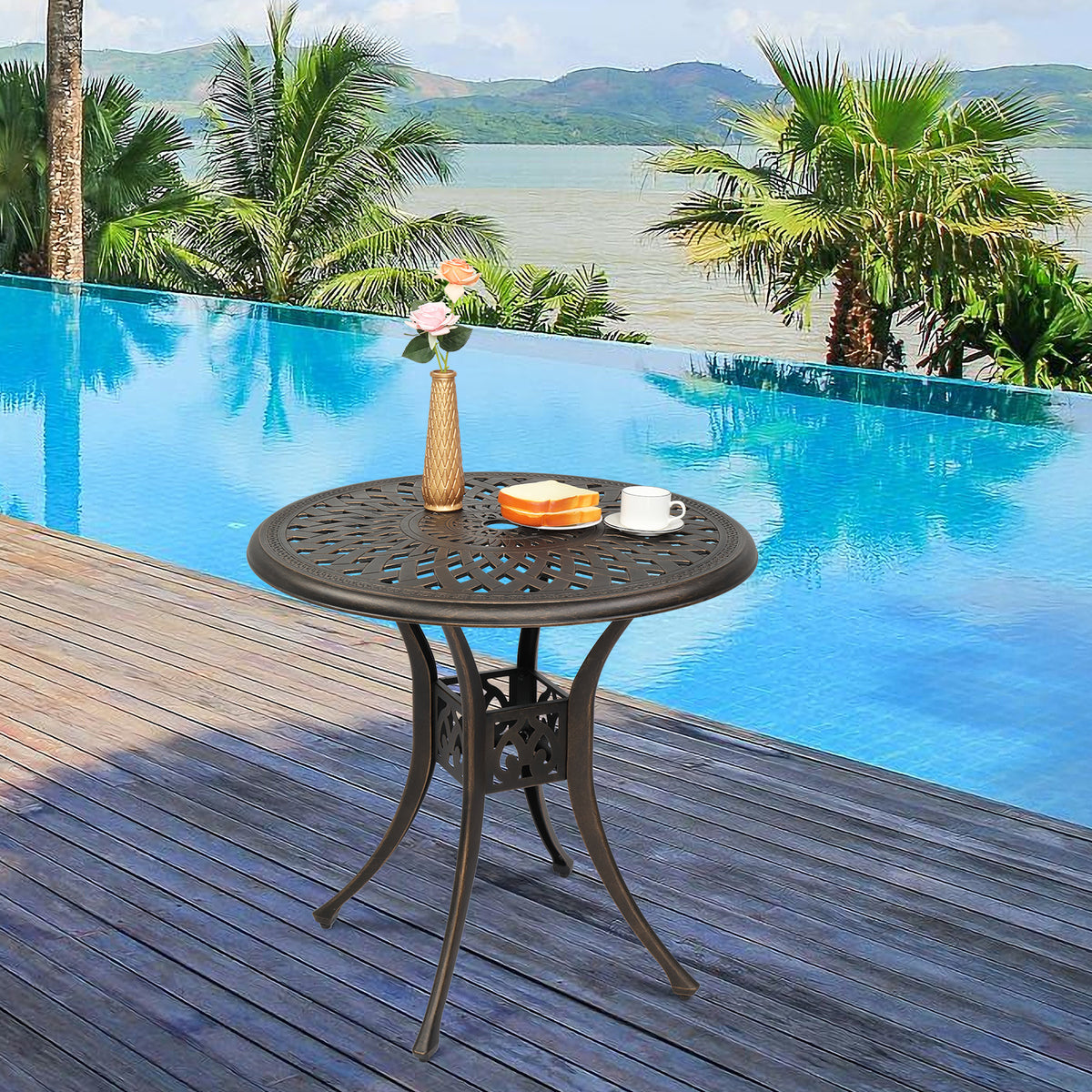 Haoyye Circular Cast Aluminum Patio Table with Diamond Top Design in Bronze, Weather Resistant Outdoor Bistro Table for Courtyard, Garden, Balcony, Deck or Porch, Durable and Stylish for Home or Commercial Use