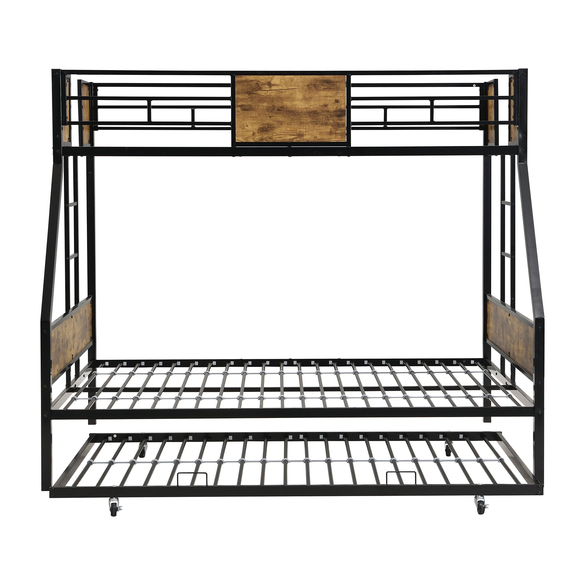 HAOYYE Twin Over FULL Metal Bunk Bed with Trundle 2 - Side Ladder and Full-Length Guardrail, No Box Spring Needed, Large Under Bed Storage, Easy Assemble , Black & Brown Sturdy Space-Saving Heavy Duty