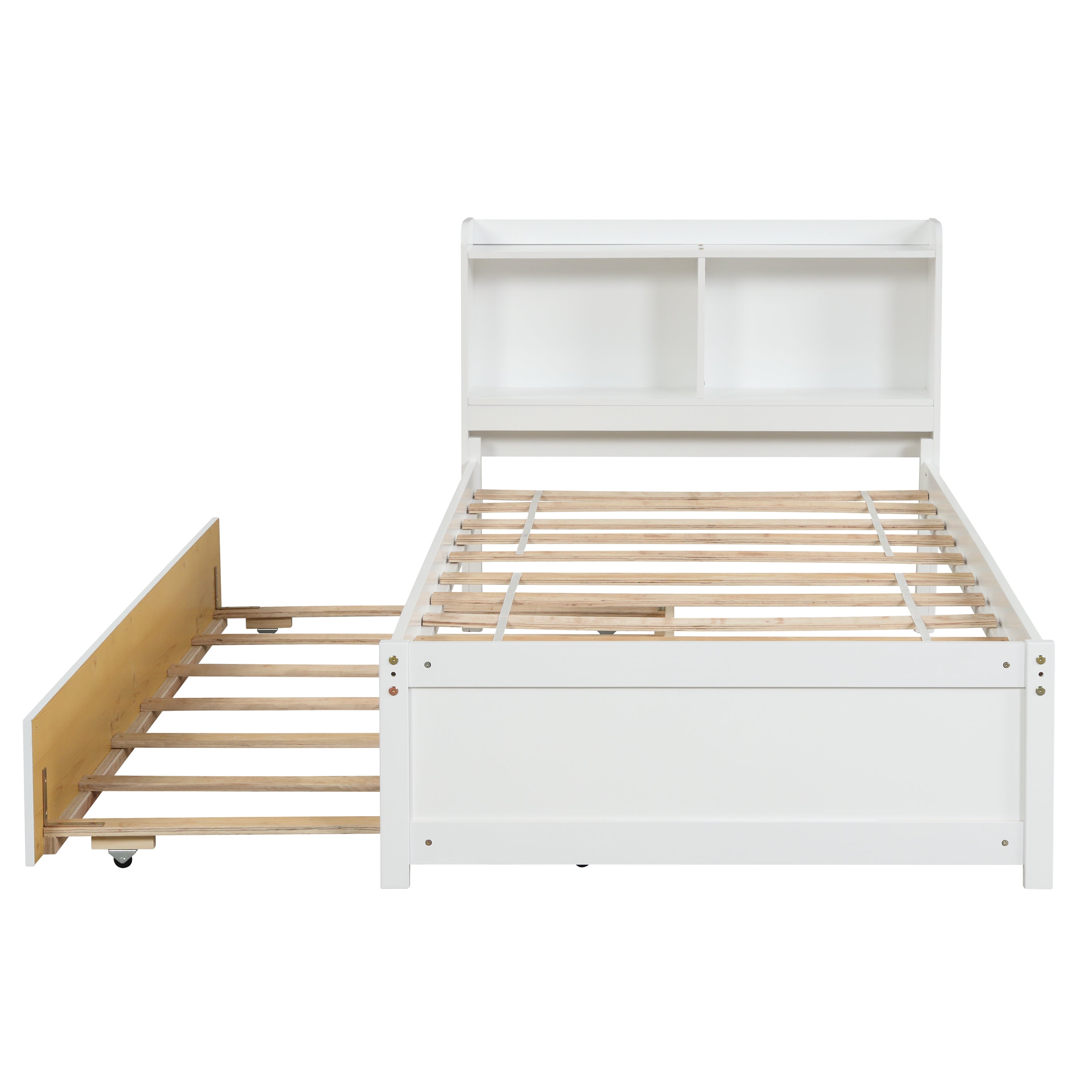 HAOYYE Twin Bed with Trundle,Bookcase,White Sturdy Space-Saving Heavy Duty Modern Design Adults Dorm Room Easy Assembly Bedroom Furniture