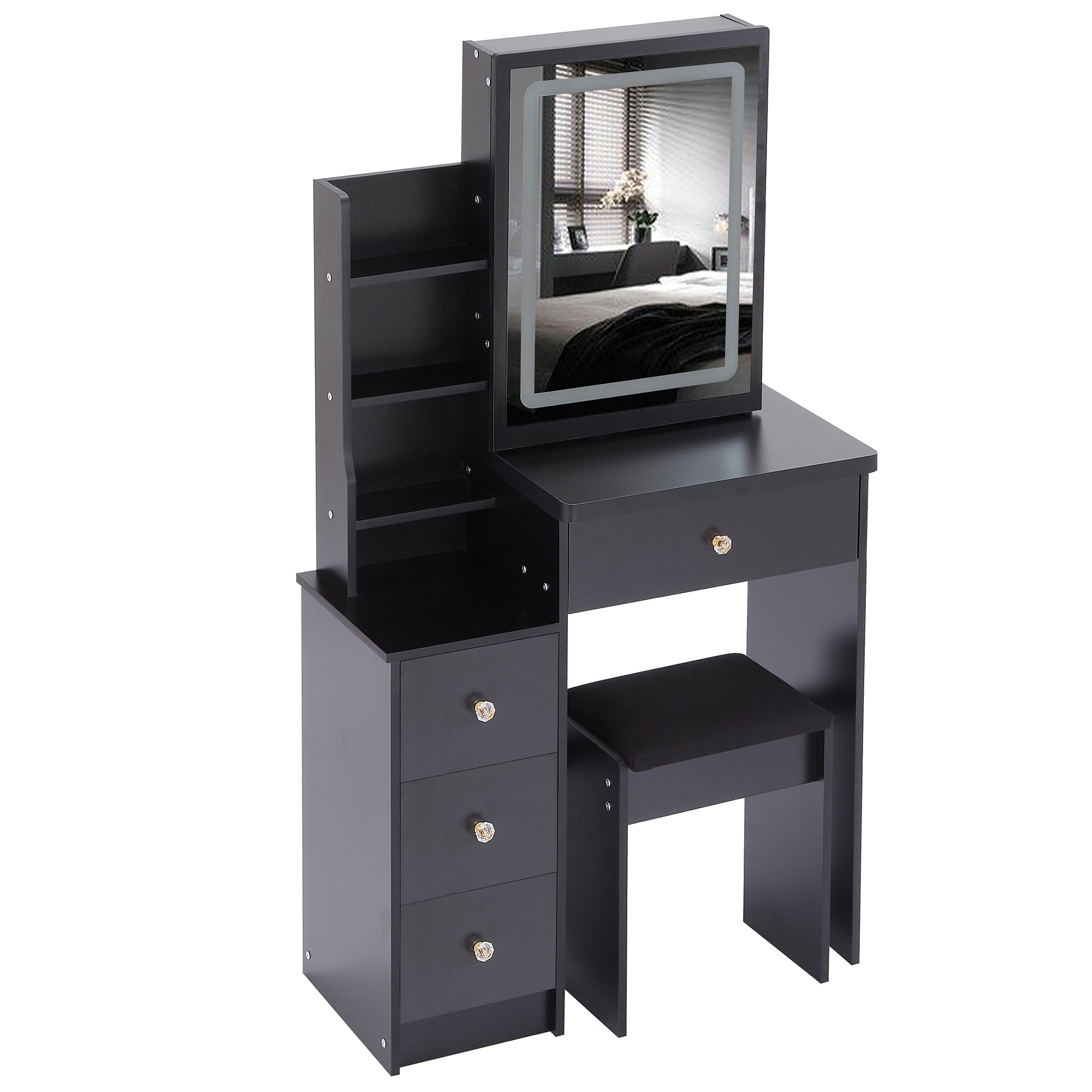 HAOYYE Small Size Left Bedside Cabinet Vanity Table + Cushioned Stool, Touch Control Sliding LED Mirror, Tri-color Switching, Brightness Adjust, Multi Layer, Suitable for Small Space, EPA,GCC,UL Certificate