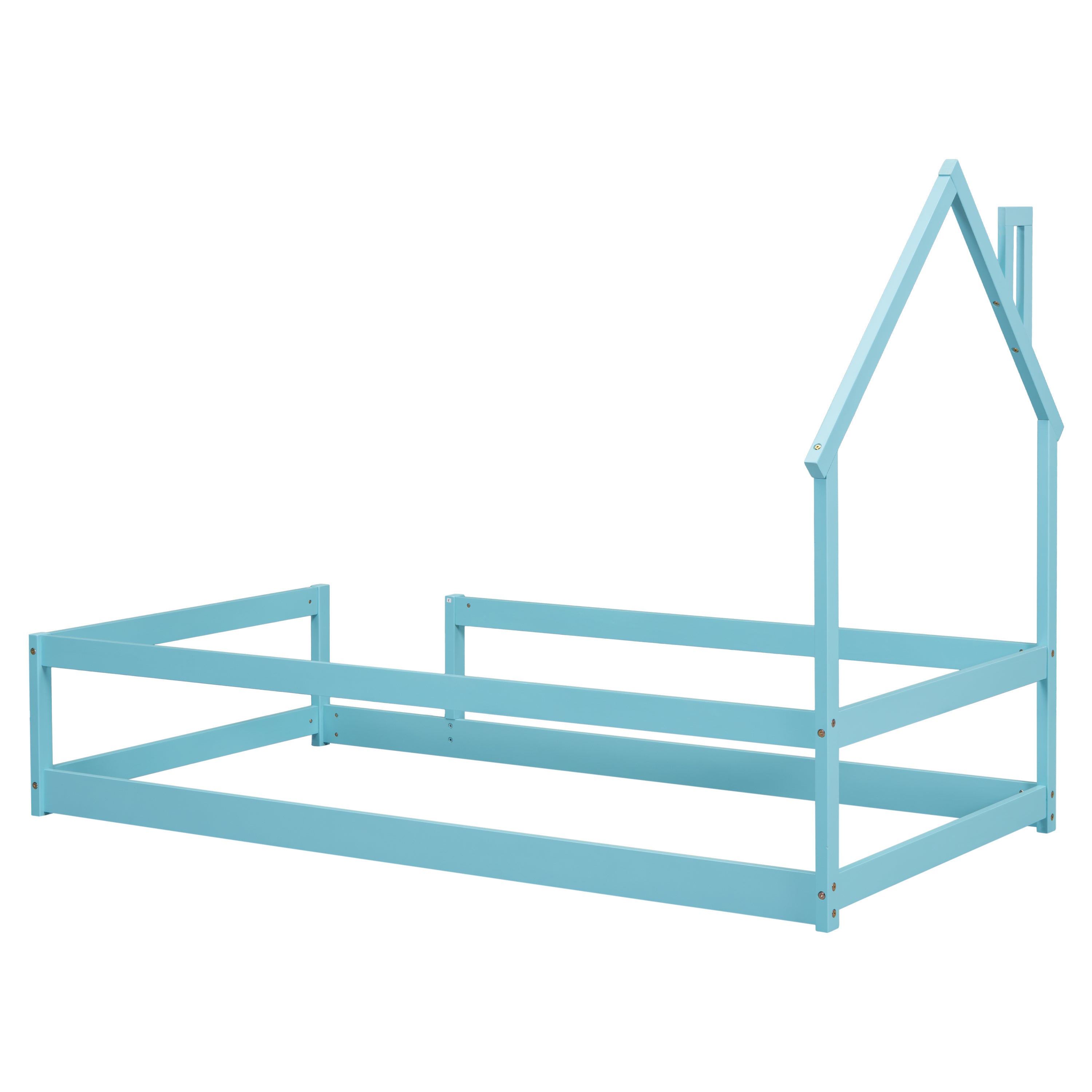 HAOYYE Twin Size Wood Bed with House-Shaped Headboard, Floor Bed with Fences, Sturdy Space-Saving Design, Easy Assembly for Bedroom, Dorm Room, and Modern Home Decor