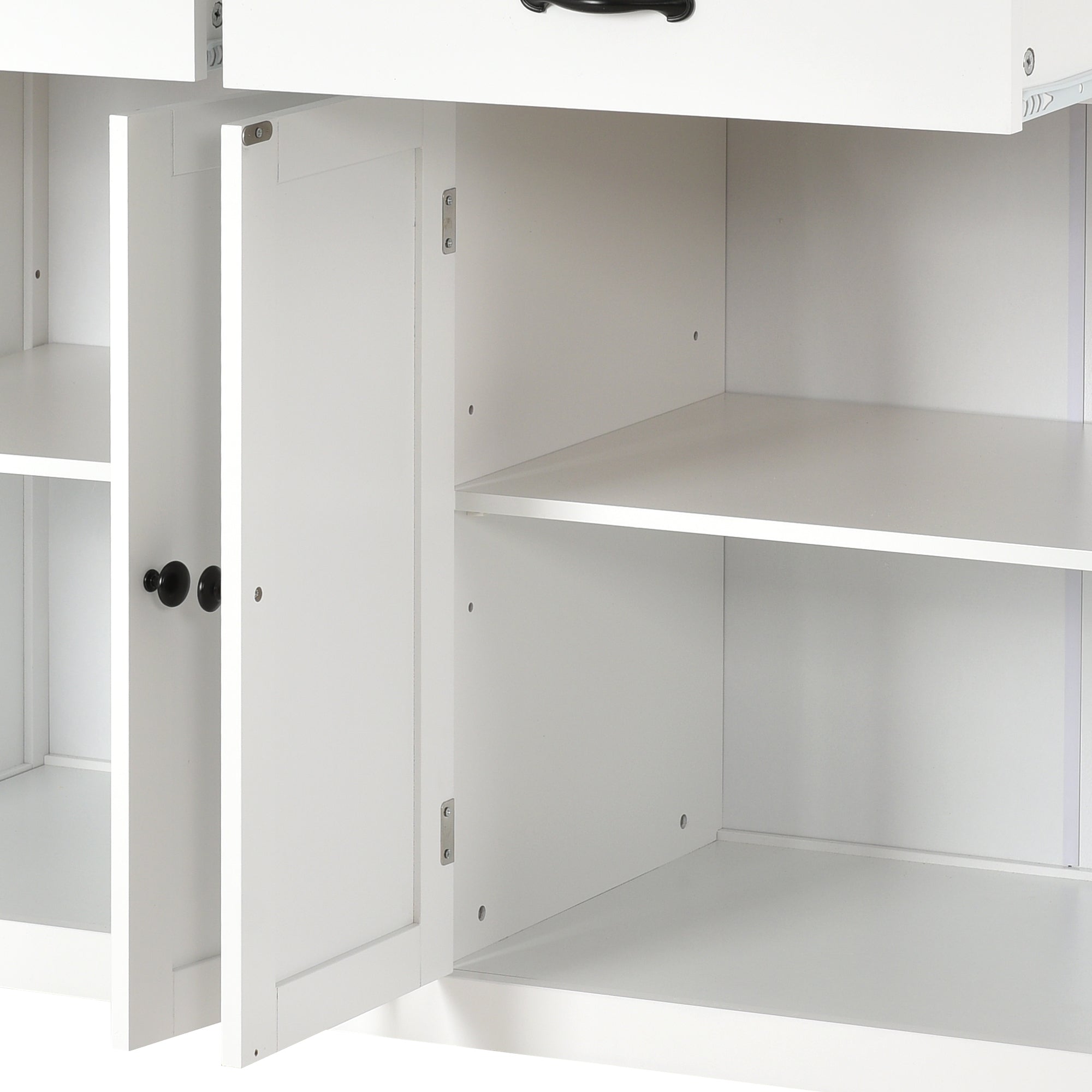 HAOYYE Kitchen Island Cart with Solid Wood Top, Locking Wheels, Four Door Cabinet, Two Drawers, Spice Rack, and Towel Rack, White, Sturdy Space-Saving Design, Heavy Duty Construction, Easy Assembly, Durable and Stylish Home Furniture