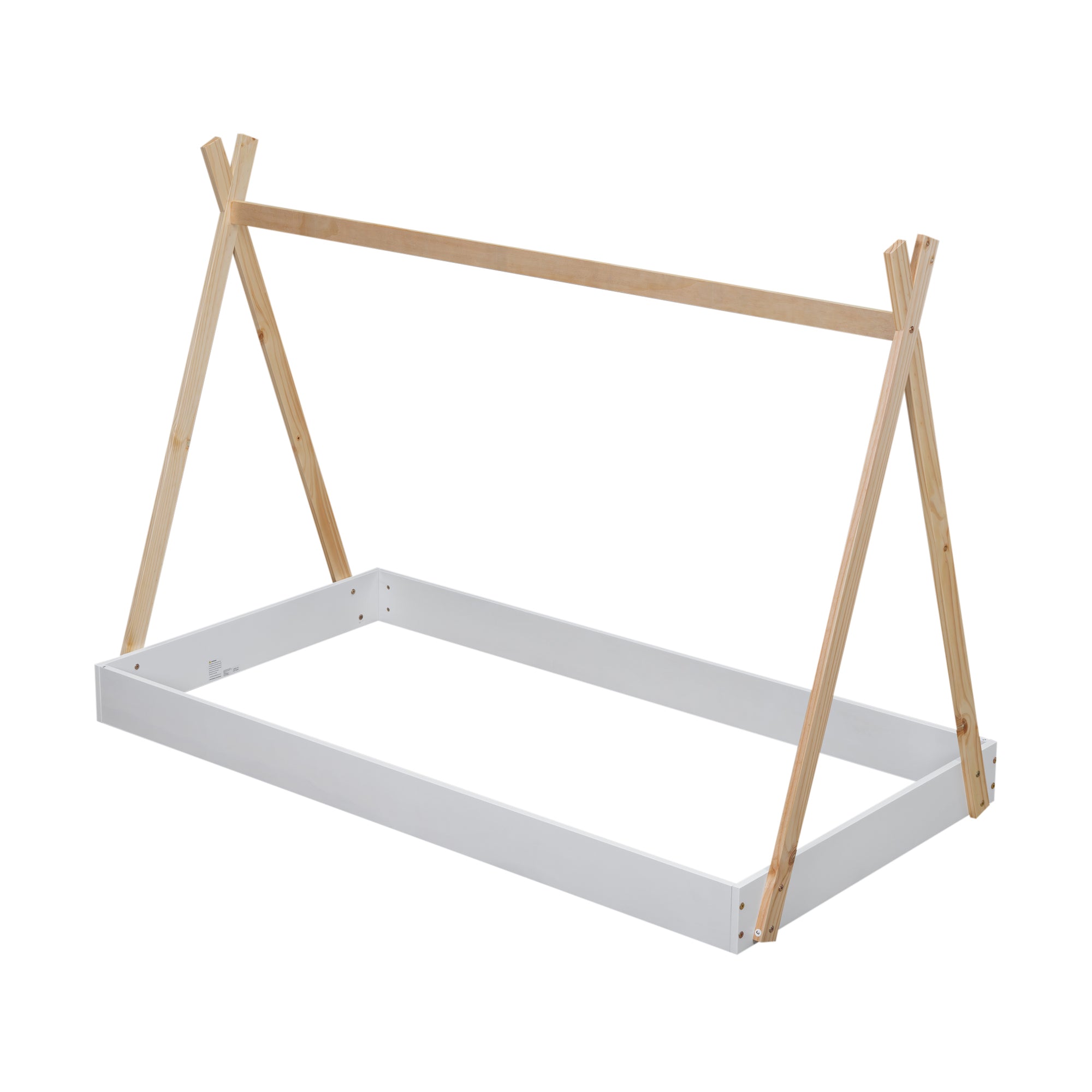 HAOYYE Twin Size Tent Floor Bed with Triangle Structure, White+Natural Sturdy Space-Saving Heavy Duty Modern Design Adults Dorm Room Easy Assembly Bedroom Furniture