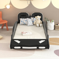 HAOYYE Twin Size Race Car-Shaped Platform Bed with Wheels, Black Sturdy Space-Saving Heavy Duty Modern Design Adults Dorm Room Easy Assembly Bedroom Furniture