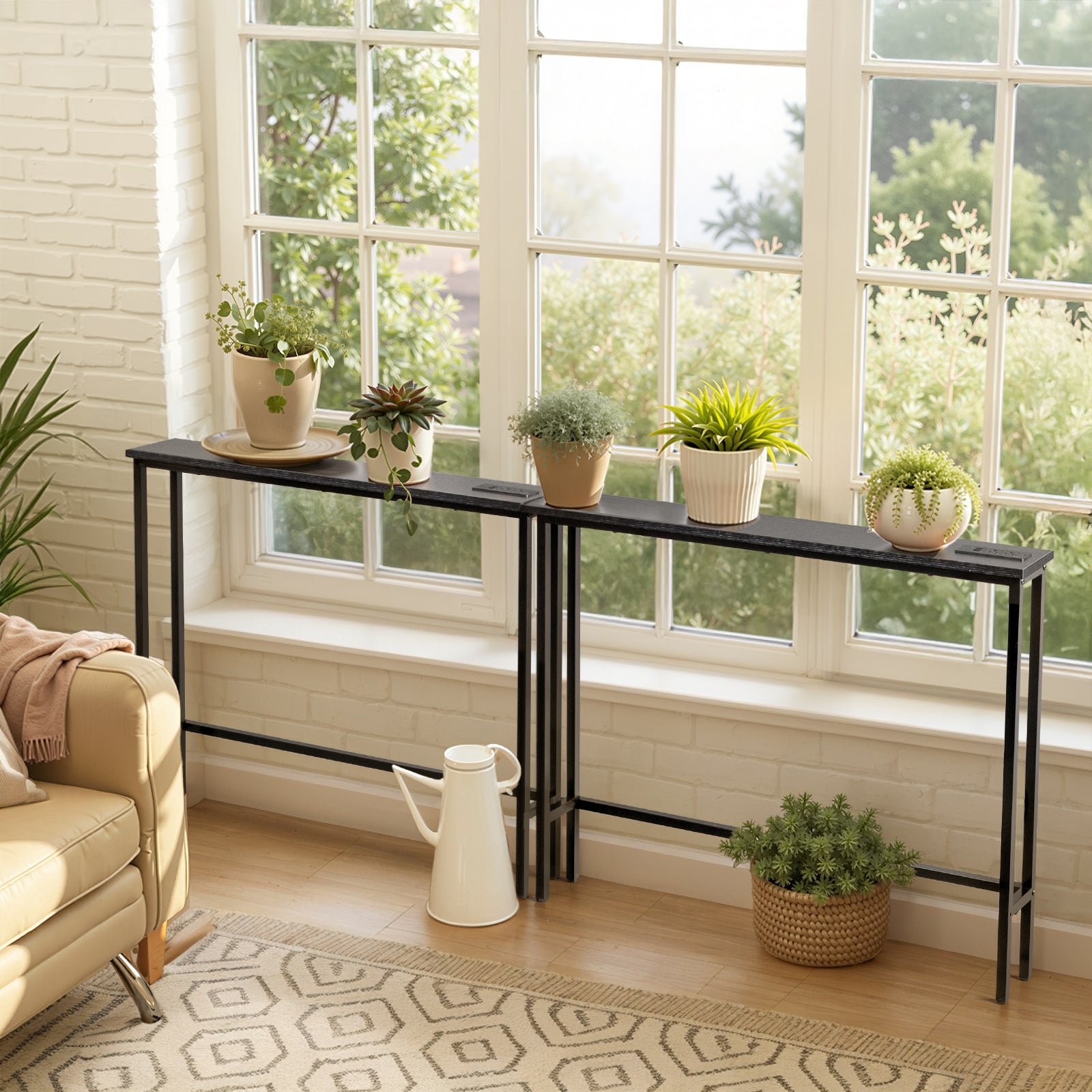 HAOYYE Black Narrow Console Sofa Table 2 Pack With Built-In Power Outlets And USB Charging Ports, Space-Saving Long Couch Table With Metal Frame And Anti-Tip Design, Perfect For Apartments Dorms Living Rooms