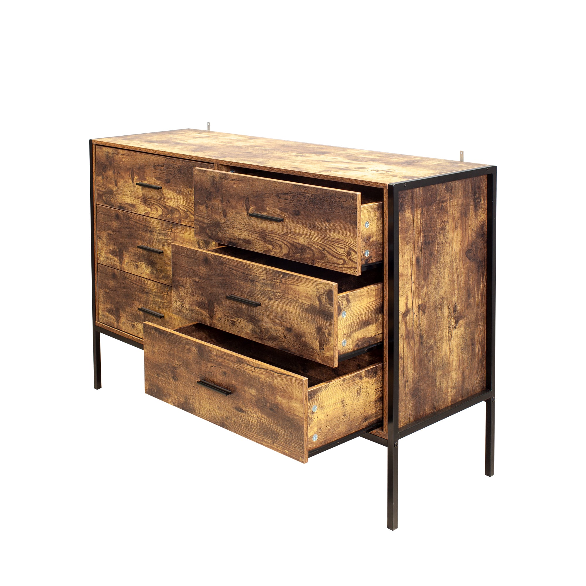 HAOYYE Industrial Style 6-Drawer Double Dresser, Rustic Brown Wooden Storage Organizer With Sturdy Steel Frame, Space-Saving Storage Cabinet For Bedroom And Living Room
