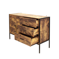 HAOYYE Industrial Style 6-Drawer Double Dresser, Rustic Brown Wooden Storage Organizer With Sturdy Steel Frame, Space-Saving Storage Cabinet For Bedroom And Living Room