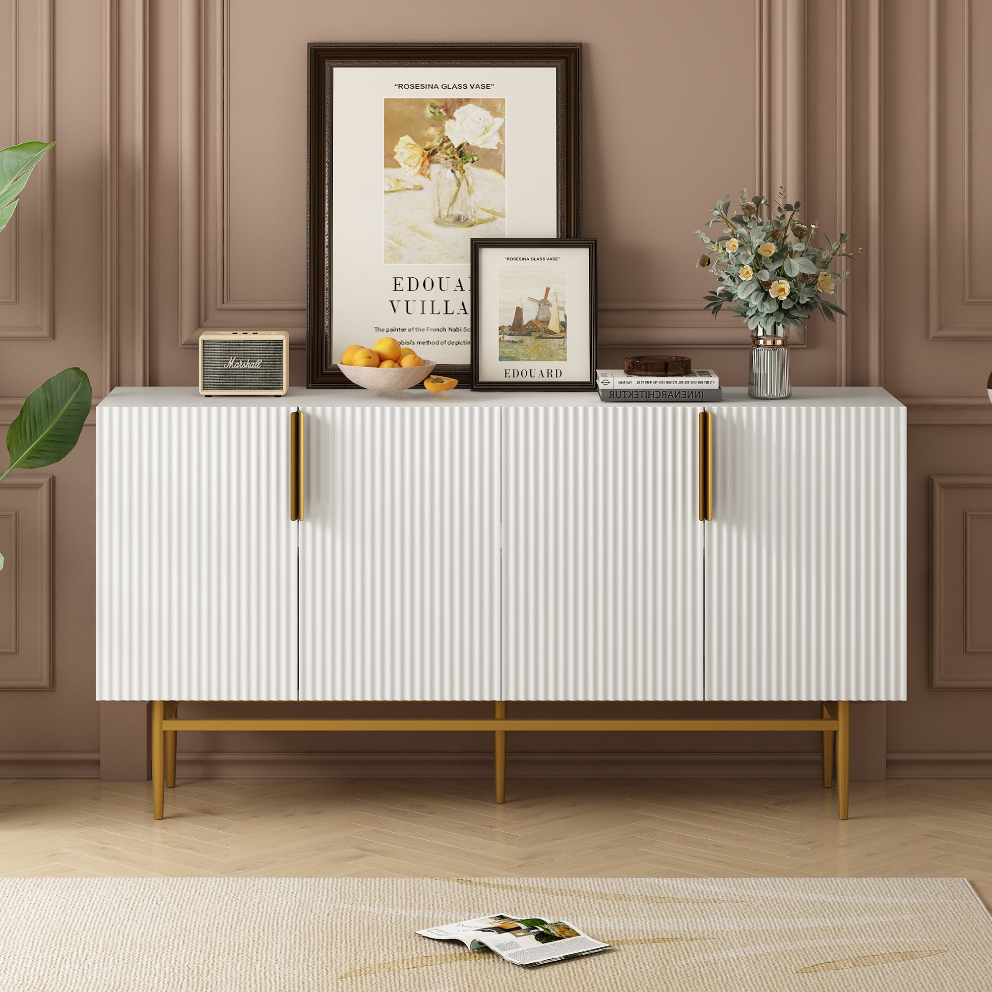 HAOYYE Modern Elegant 4-door Sideboard Gold Metal Handle Buffet Cabinet for Dining Room, Living Room, Bedroom, Hallway (White) Sturdy Space-Saving Heavy Duty Modern Design Adults Dorm Room