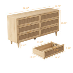 HAOYYE 6-Drawer Rattan Storage Cabinet with White Drawer Slides for Bedroom, Living Room, or Any Room, Natural Sturdy Space-Saving Design, Heavy Duty Construction, Easy Assembly, Durable and Stylish Home Furniture