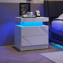 HAOYYE LED Nightstand Bedside Table Cabinet with 2 Drawers, Modern White Stone End Table for Bedroom, Sturdy Space-Saving Heavy Duty Construction, Ideal for Adults and Dorm Rooms, Easy Assembly