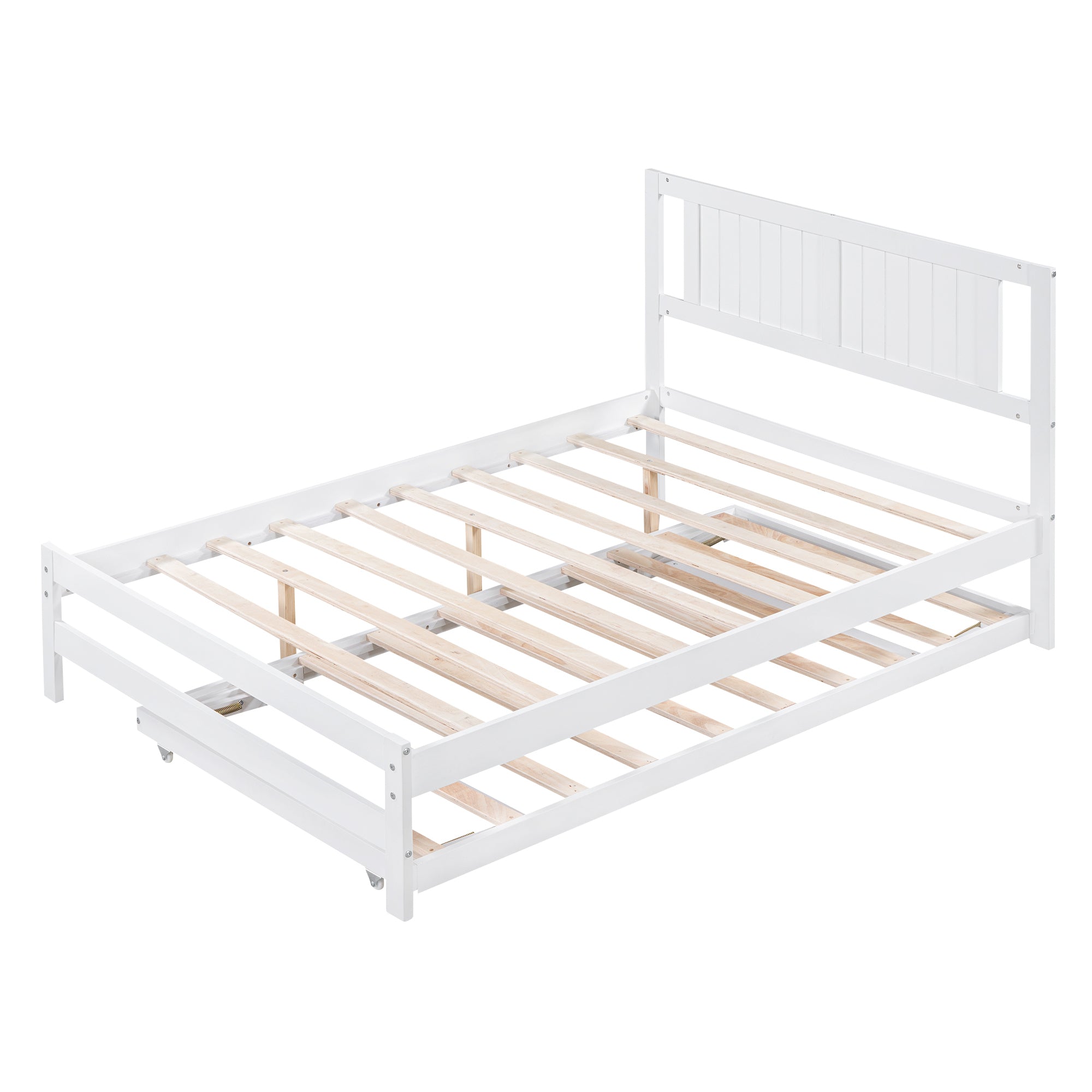 HAOYYE Full Size Platform Bed with Adjustable Trundle, White, Space-Saving Modern Design, Sturdy and Heavy-Duty Wood Frame, Ideal for Guest Room, Apartment, or Dorm, Easy Assembly Bedroom Furniture