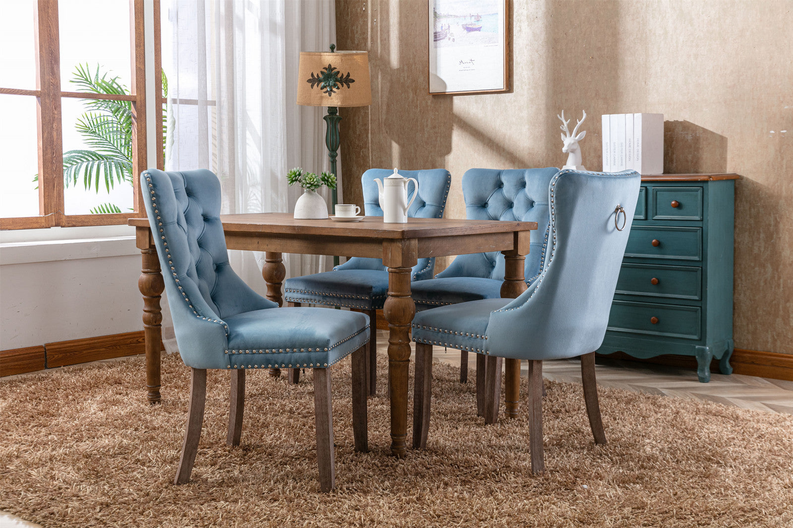 HAOYYE High-end Tufted Solid Wood Contemporary Velvet Upholstered Dining Chair with Wood Legs Nailhead Trim 2-Pcs Set,Light Blue, SW2001LB Sturdy Space-Saving Heavy Duty Durable