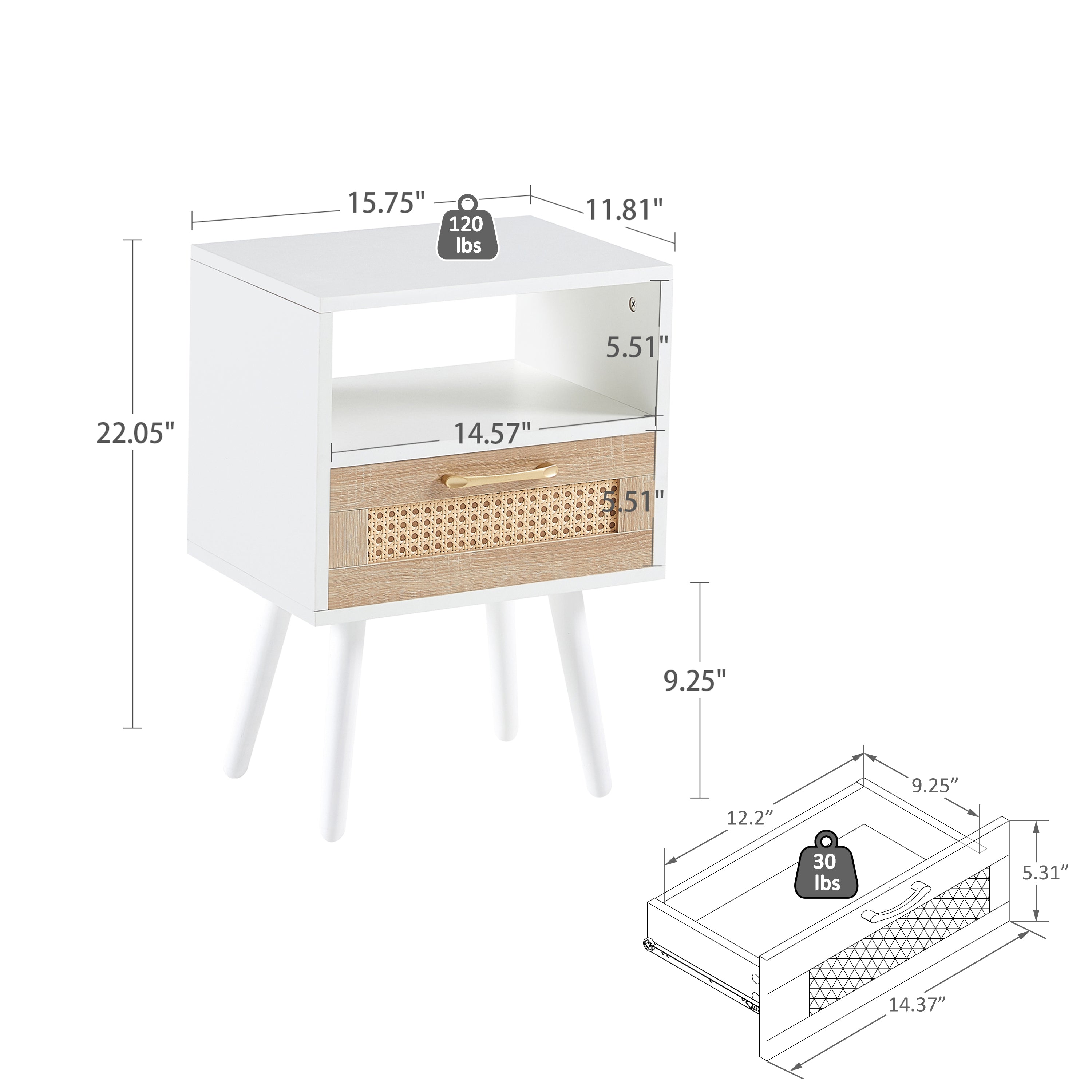 HAOYYE Rattan End Table With Drawer And Solid Wood Legs, Modern Nightstand For Bedroom And Living Room, Sturdy Space-Saving Heavy Duty Design, Easy Assembly, White