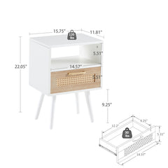 HAOYYE Rattan End Table With Drawer And Solid Wood Legs, Modern Nightstand For Bedroom And Living Room, Sturdy Space-Saving Heavy Duty Design, Easy Assembly, White