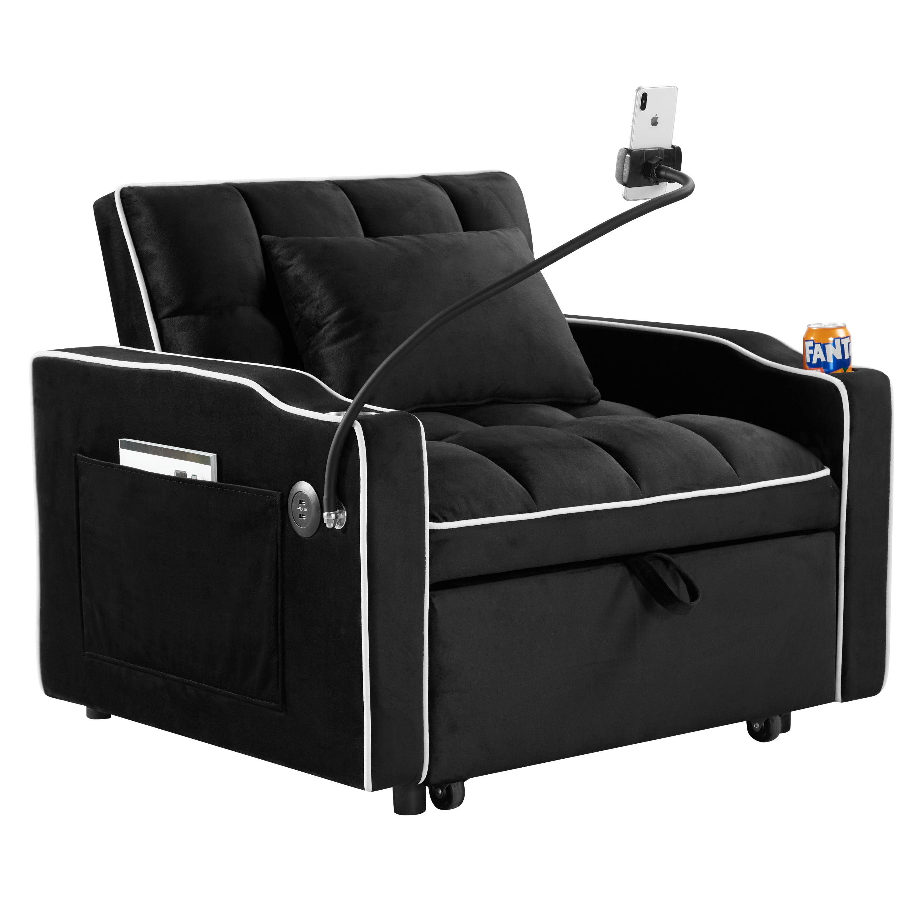 HAOYYE Convertible 3-in-1 Sleeper Chair Sofa Bed Adjustable Pull-Out Sleeper Chair Bed Folding Sofa Bed with Multiple Pockets for Living Room Bedroom Small Space, Black Sturdy Space-Saving Heavy Duty Modern Design