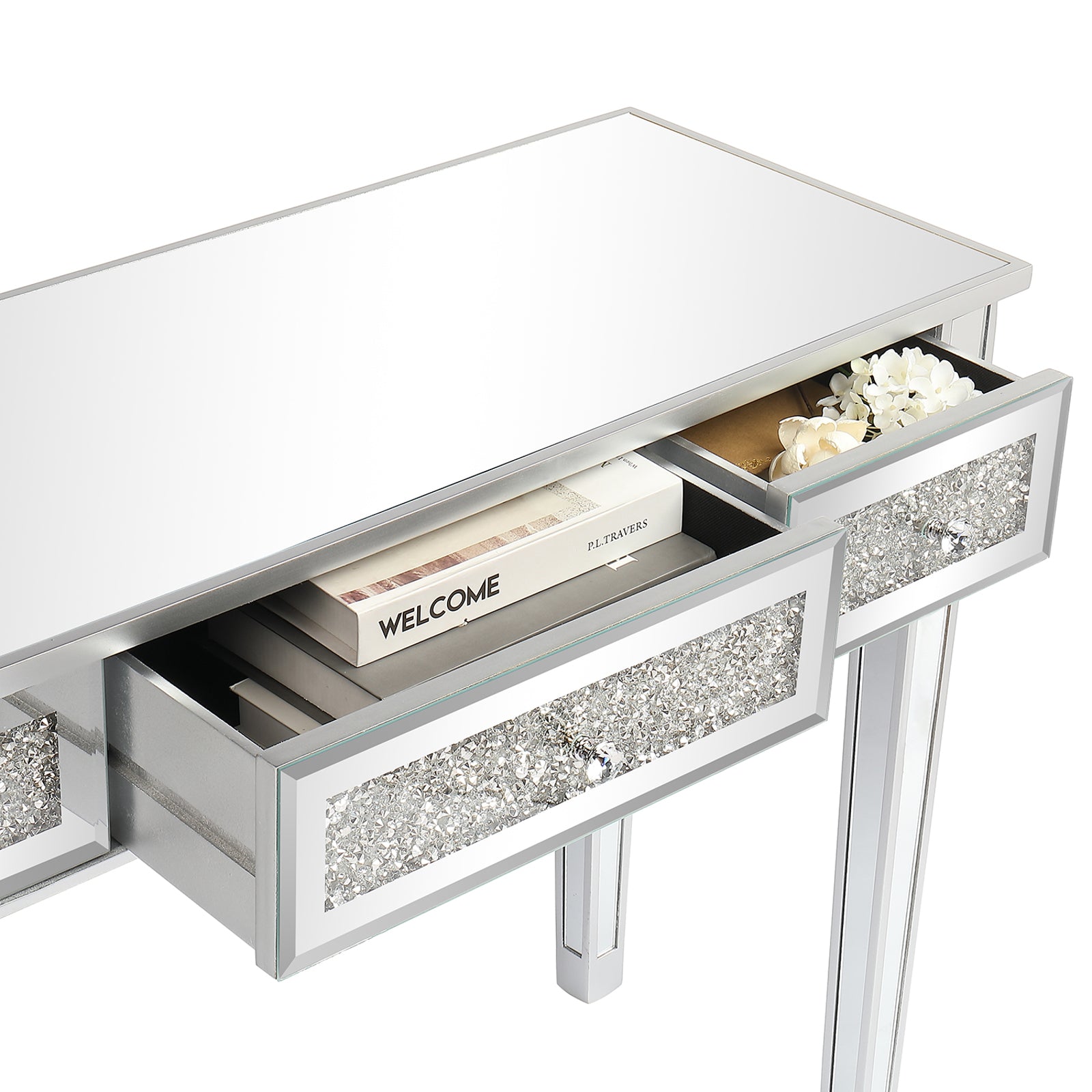 HAOYYE Modern Silver Computer Desk with MDF Mirror Surface and Broken Glass Design, Featuring Three Spacious Drawers for Efficient Storage, Stylish Home Office Workstation, Durable and Easy-to-Clean Surface