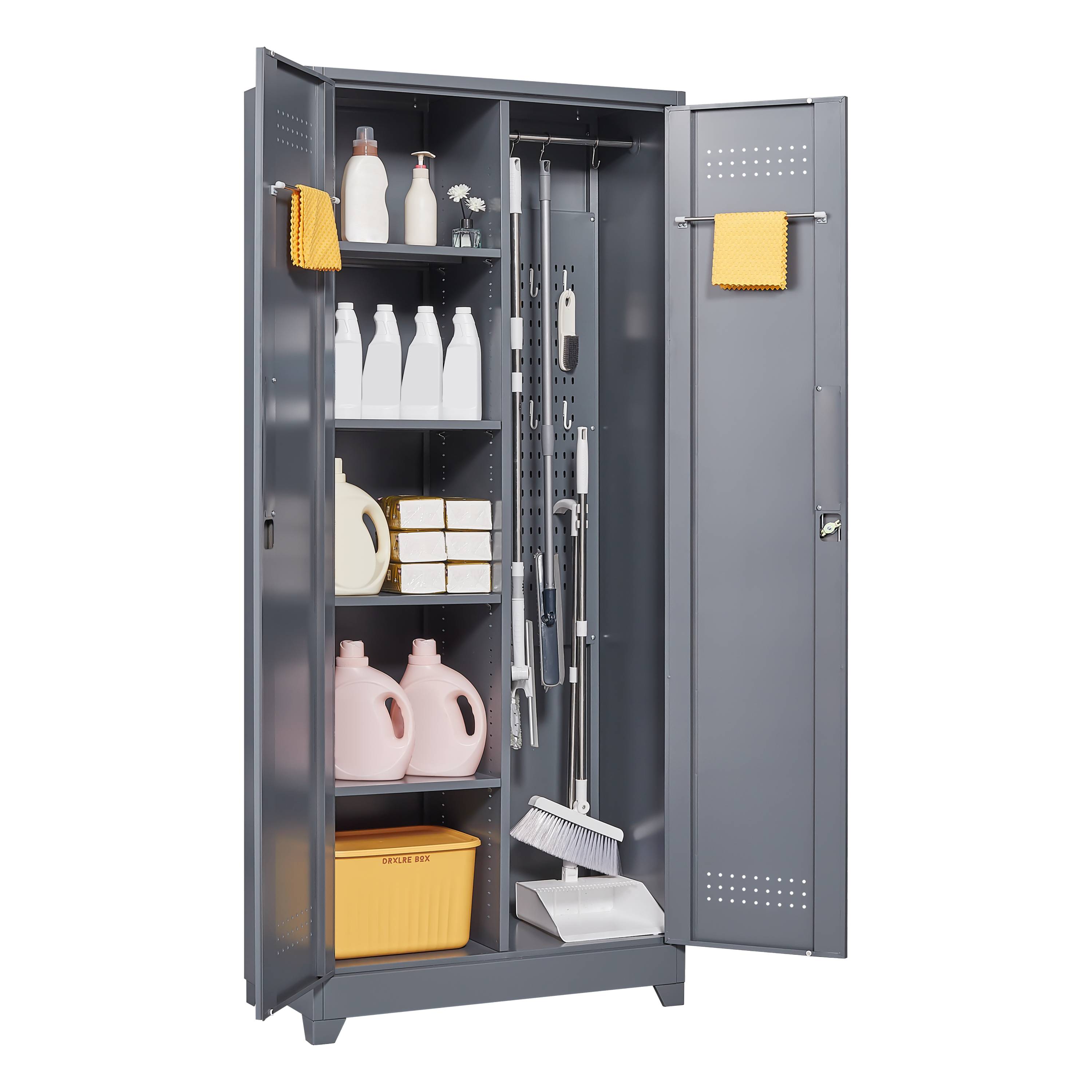 HAOYYE Metal Storage Cabinets, Cleaning Tool Cabinet with Locking Door, Tall Broom Tool Organizer and Storage, Large Storage Cabinet for Kitchen, Pantry, Office, Shop Sturdy Space-Saving Heavy Duty Durable