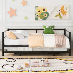 HAOYYE Twin Size Metal Daybed with Adjustable Trundle, Pop Up Trundle, Black Sturdy Space-Saving Heavy Duty Modern Design Adults Dorm Room Easy Assembly Bedroom Furniture