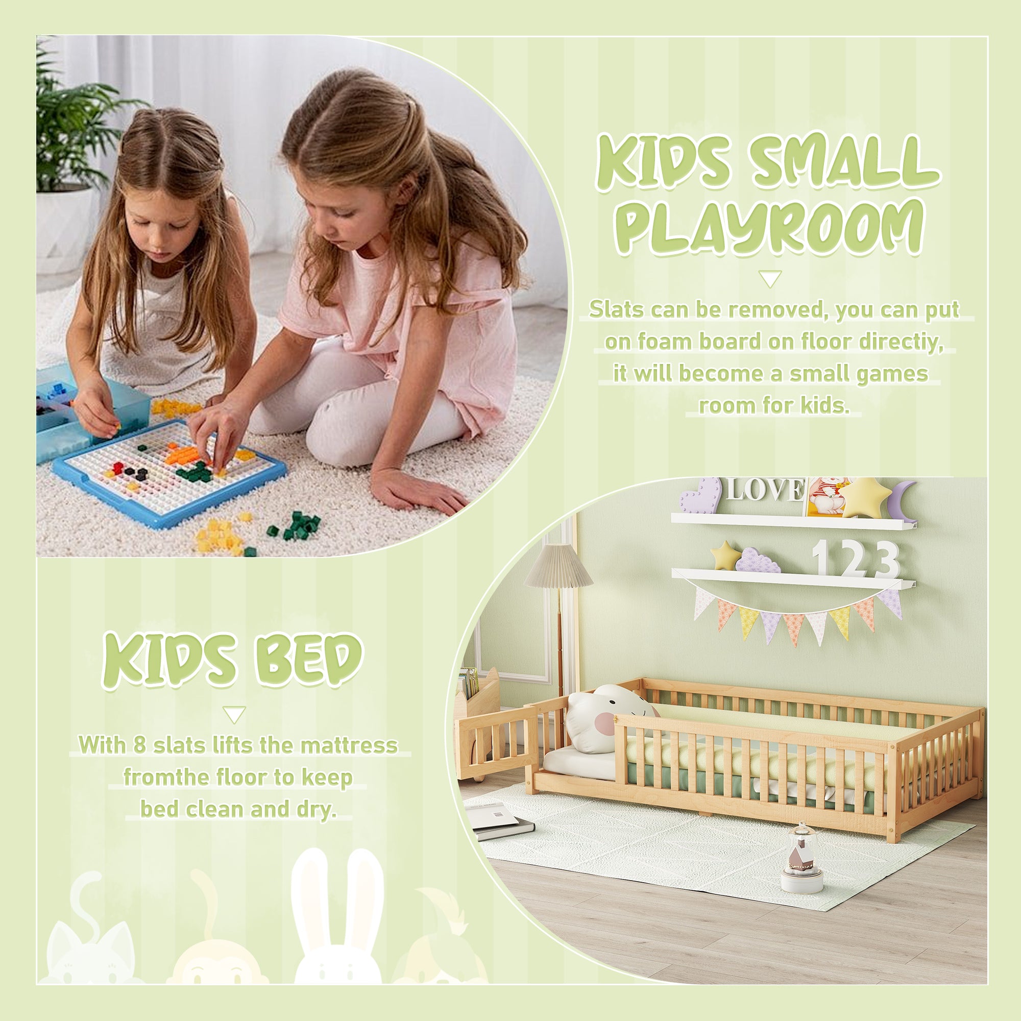 HAOYYE Twin Size Bed Floor Bed with Safety Guardrails and Door for , Natural(Old SKU: W158090686) Sturdy Space-Saving Heavy Duty Modern Design Adults Dorm Room Easy Assembly Bedroom Furniture
